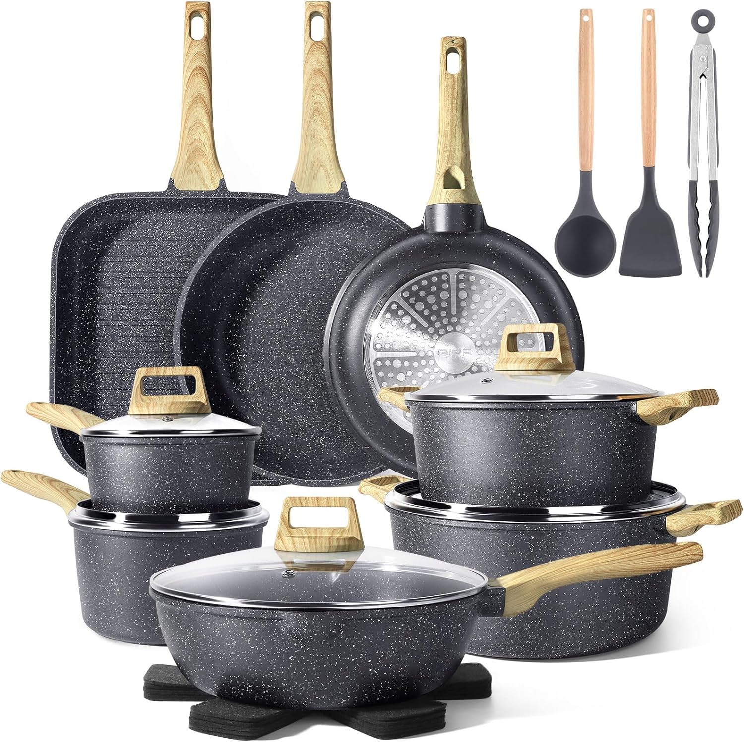 81l5rUP9XtL._AC_SL1500_Granite Cookware Set-Grey 21 Psc-Nonstick and Non Toxic