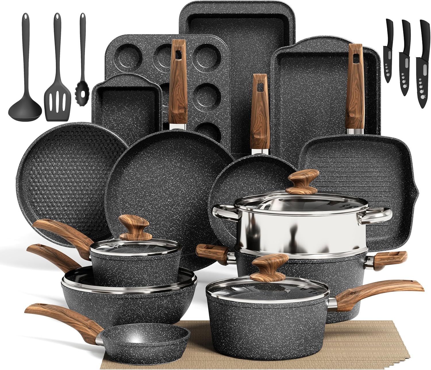 91YjhNgCIiL._AC_SL1500_Granit Black Cookware and Bakeware Sets-NON Stick-Non Toxic 30 Pieces