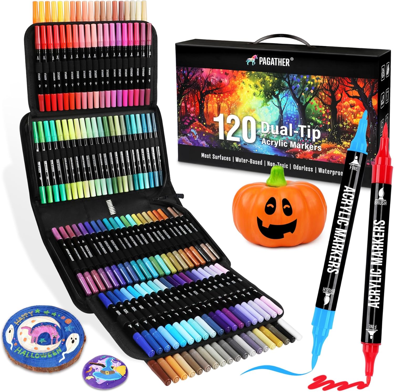 120 Colors Acrylic Paint Markers, Dual Tip Fine and Brush Tips Pens Contain 24 Metallic Color for Stone, Wood, Calligraphy, Canvas, Ceramic, Metal, Glass, Rock