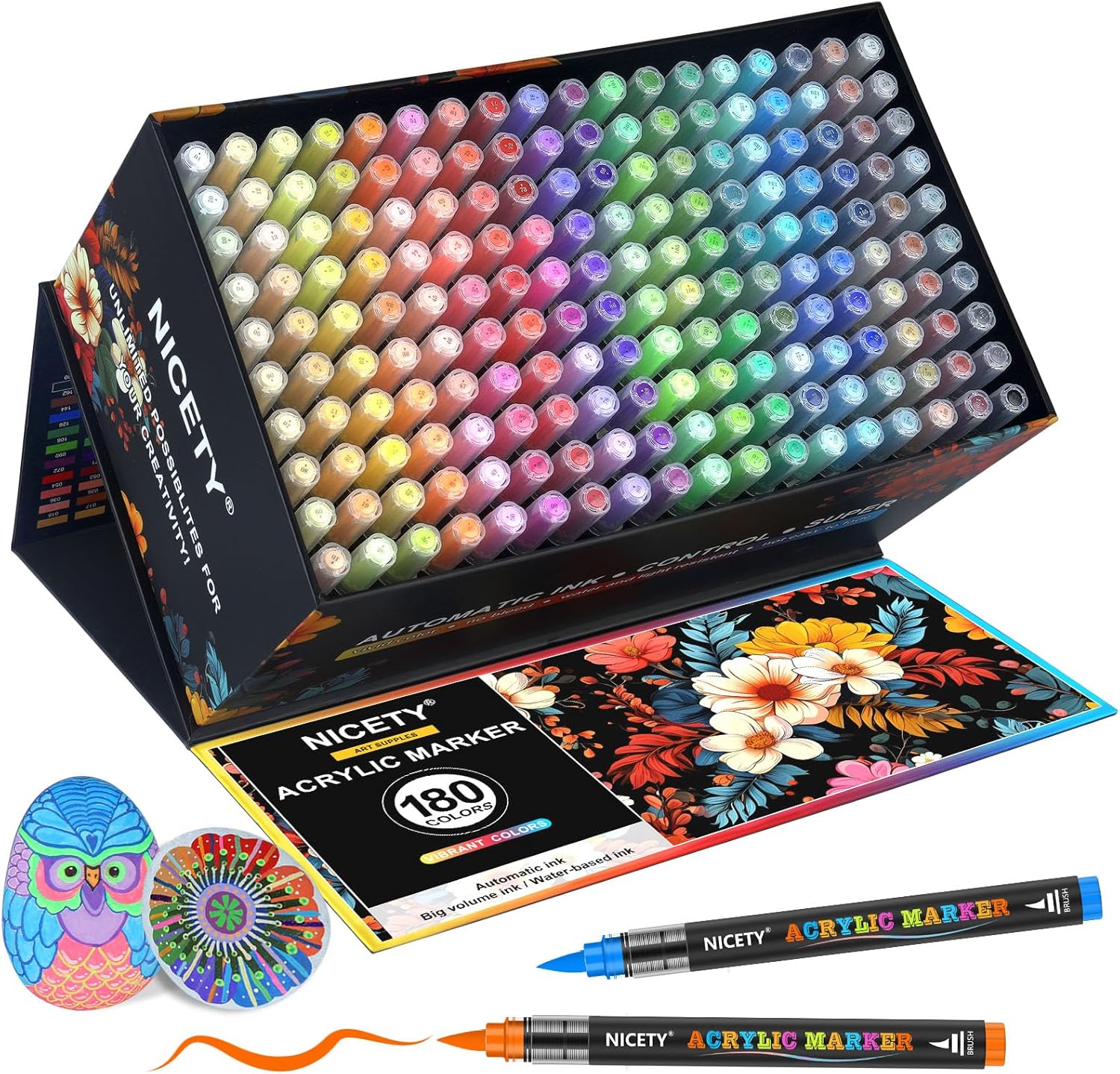 180 Acrylic Paint Markers, Acrylic Paint Pens Brush Tip for Rock Painting, Wood, Glass, Stone, Canvas, Ceramic, Fabric - Acrylic Markers