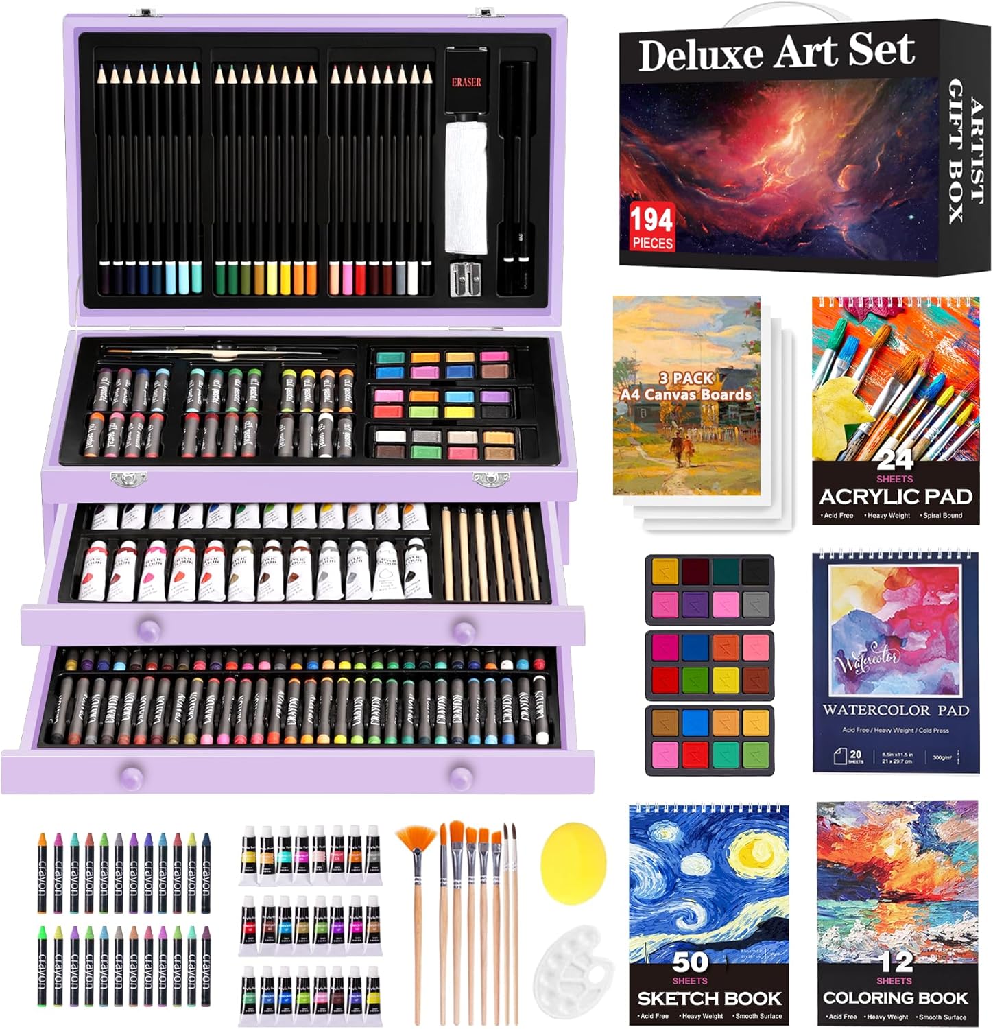 194 Piece Deluxe Art Set, Painting Drawing Art Supplies with 4 Drawing Pads, Acrylic Paints, Crayons, Colored Pencils Set in Wooden Case
