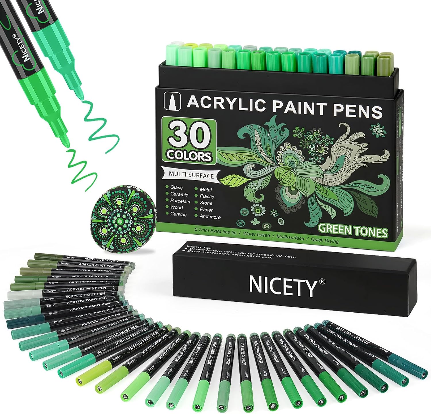 30 Colors Green Tones Acrylic Paint Pens, Pro Color Series Markers Set with 0.7mm Extra Fine Tip