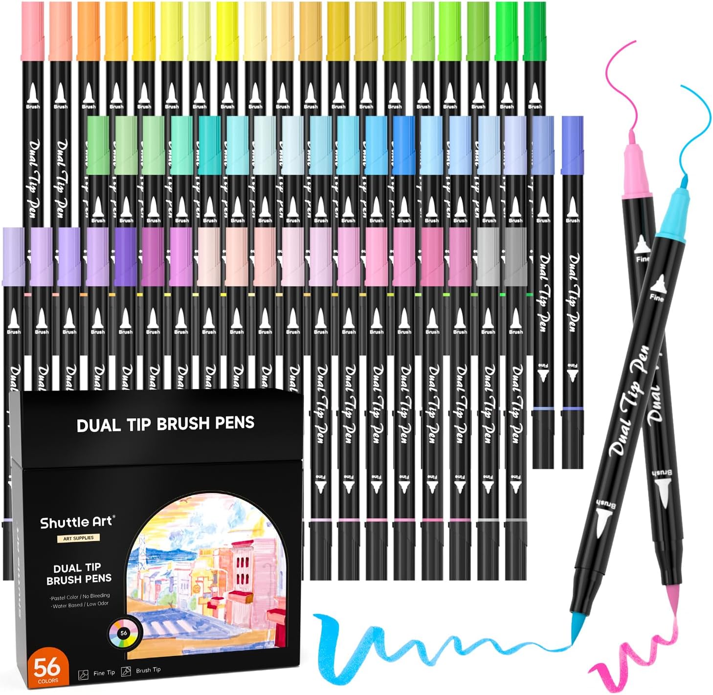71C0AjaKX3L._AC_SL1500_Shuttle Art Pastel Brush Pens, 56 Pastel Colouring Pens, Dual Tip Brush Markers with Fineliner Tip, Drawing Felt Tip Pens for Adults