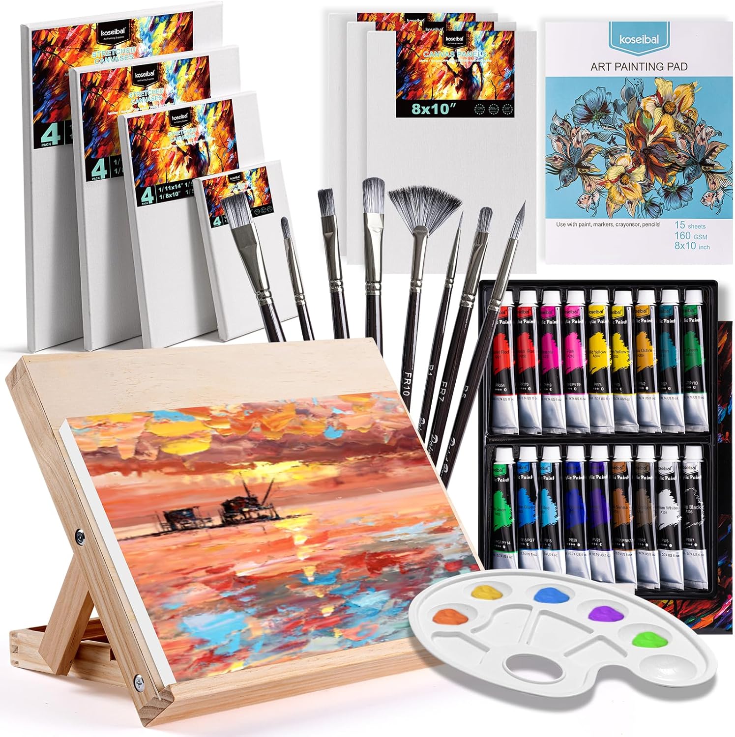 81g6HO9wB2L._AC_SL1500_koseibal Acrylic Art Set with 18 Acrylic Paints, 8 Brushes, 4 Stretched Canvas, 1Wooden Easel
