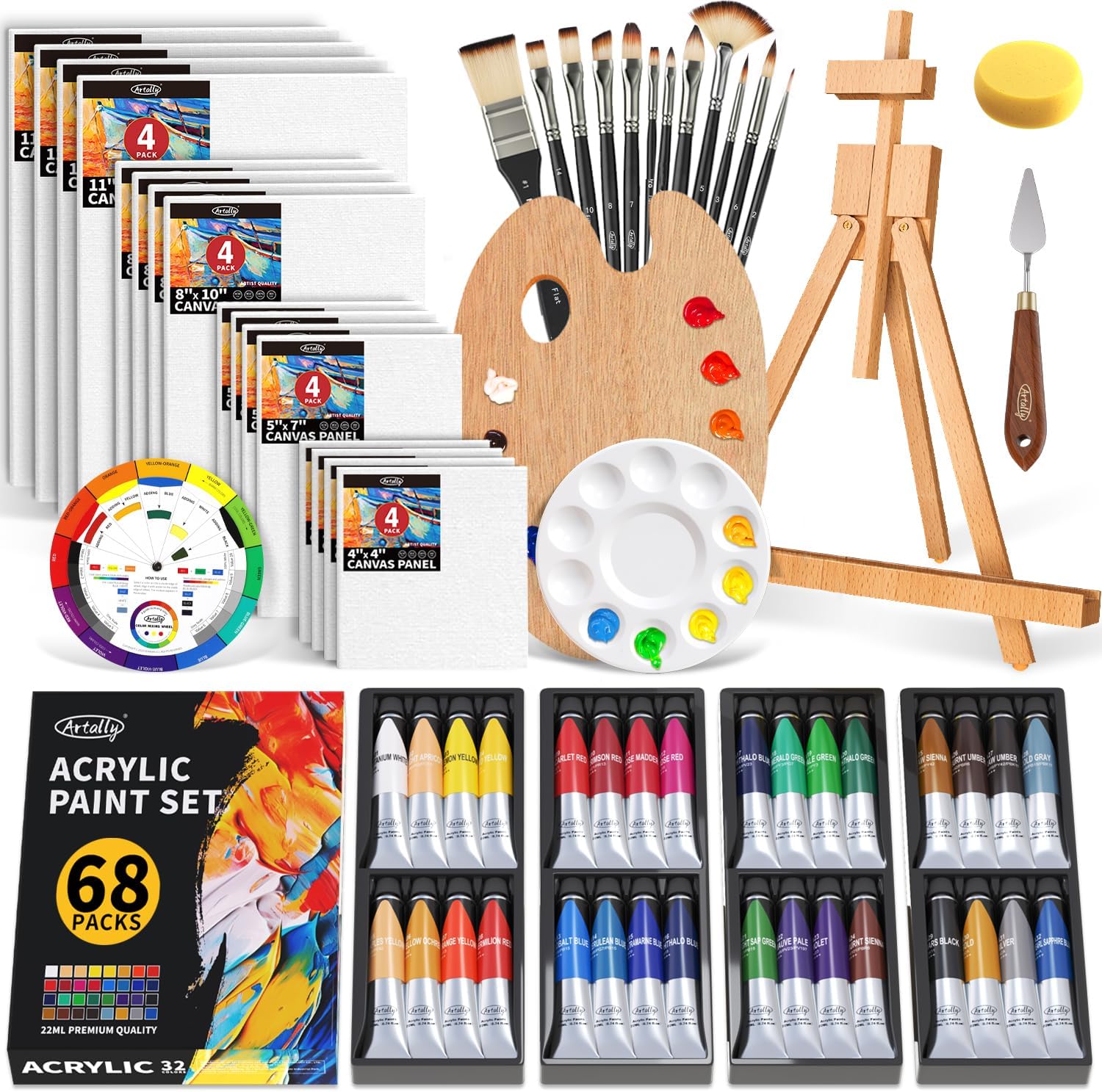 ARTALLY Acrylic Paint Set for Adults & Kids, 67 Pcs Canvas Painting Kits, 32 Colors Acrylic Paint (22ML),Table Ease