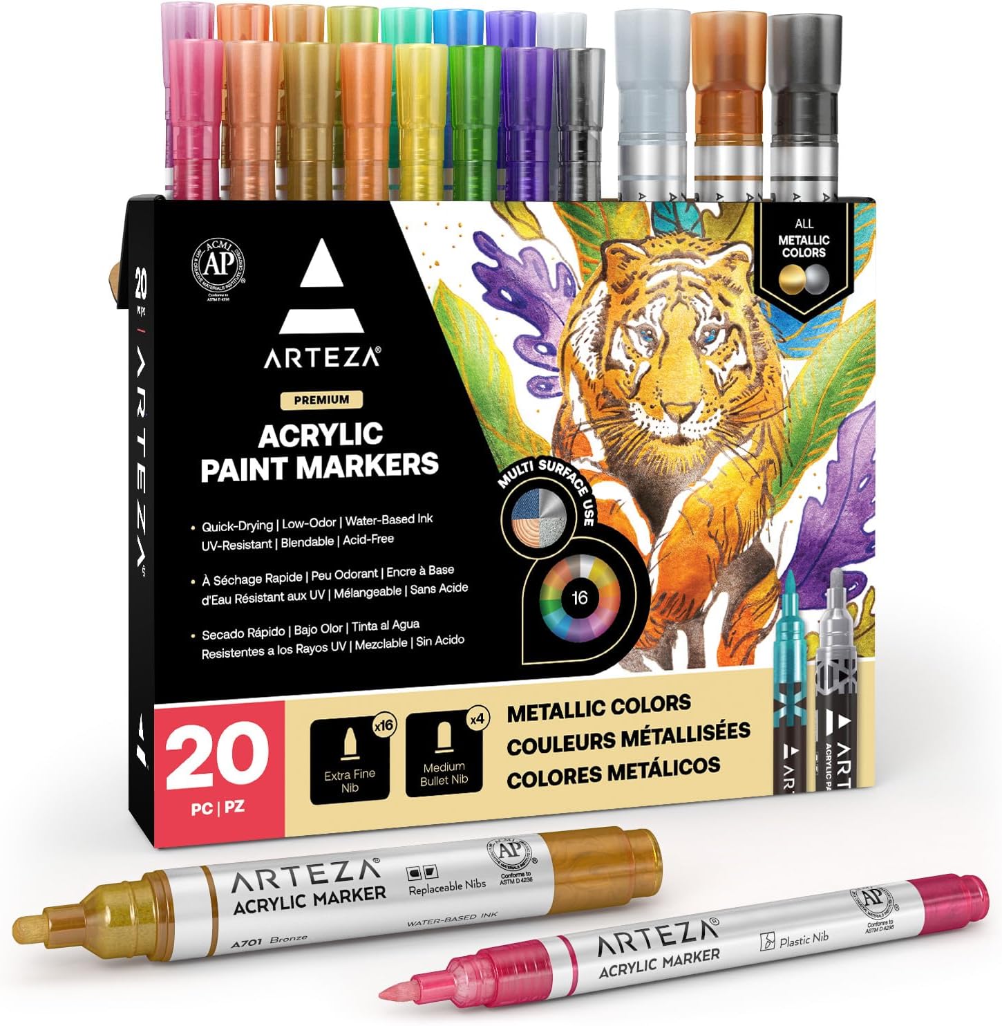 ARTEZA Metallic Acrylic Paint Markers – Set of 20 Paint Pens with Bullet & Wide Nibs for Glass, Rock, Ceramic, Plastic, Canvas, Wood & Fabric Projects