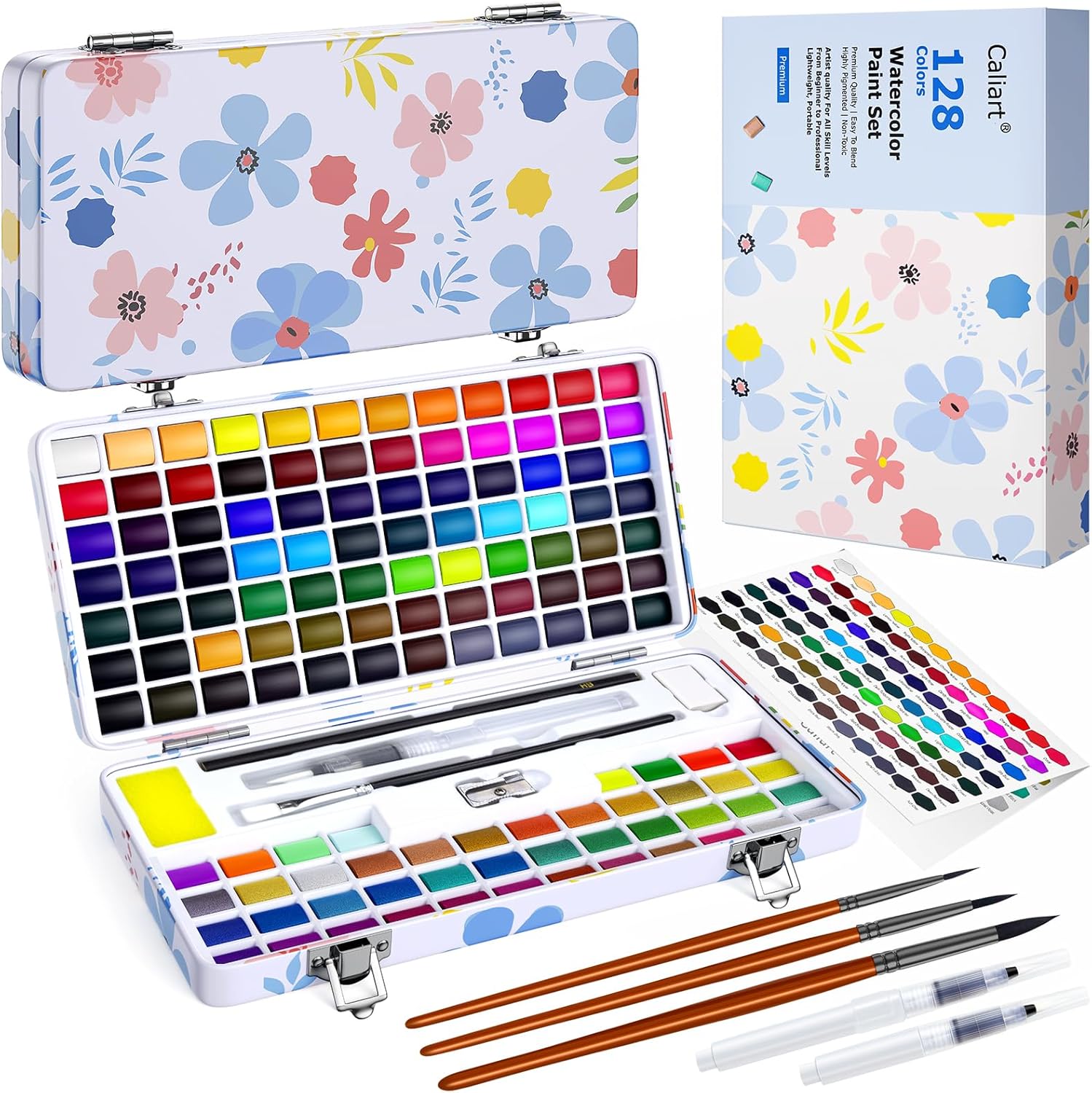 Caliart Watercolor Paint Set, 128 Colors with 4 Brushes Metallic Color Palette Kit, Portable Travel
