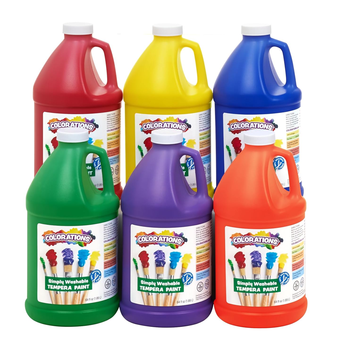 Colorations Paraben-Free Simply Washable Tempera Paint, Rainbow Colors- Set of 6