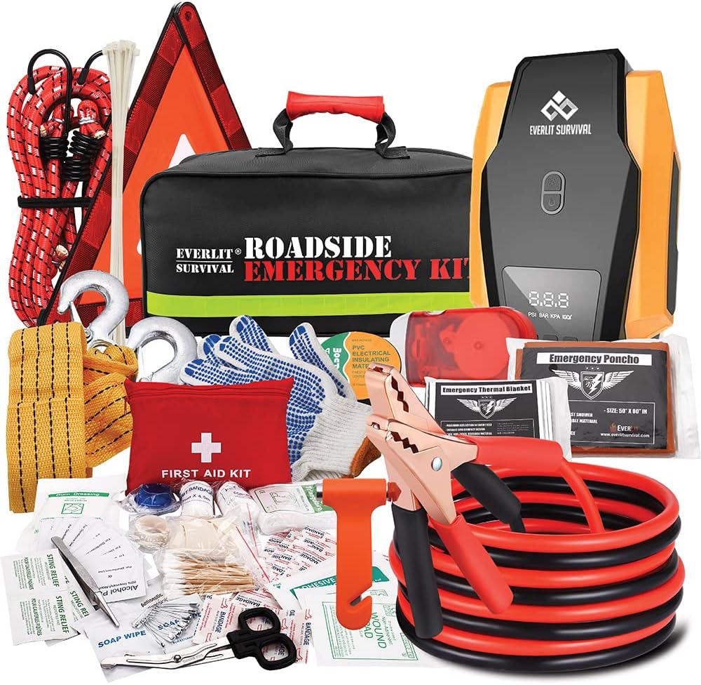 Everlit Survival Car Emergency Kit, Roadside Safety Tool Kit with Gloves,Digital Auto Air Compressor Tire Inflator, First Aid Kit