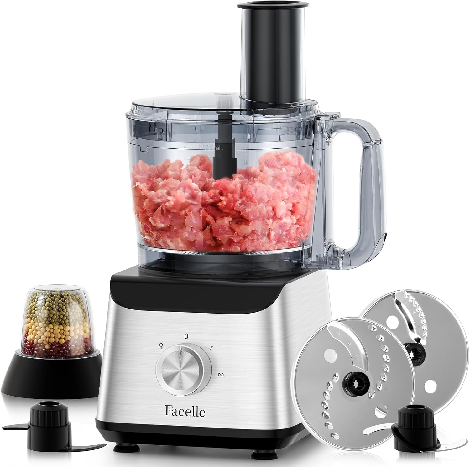 Facelle Electric Food Processor 10 Cup Large Bowl with 6.8oz Grinder, 600W Vegetable Chopper for