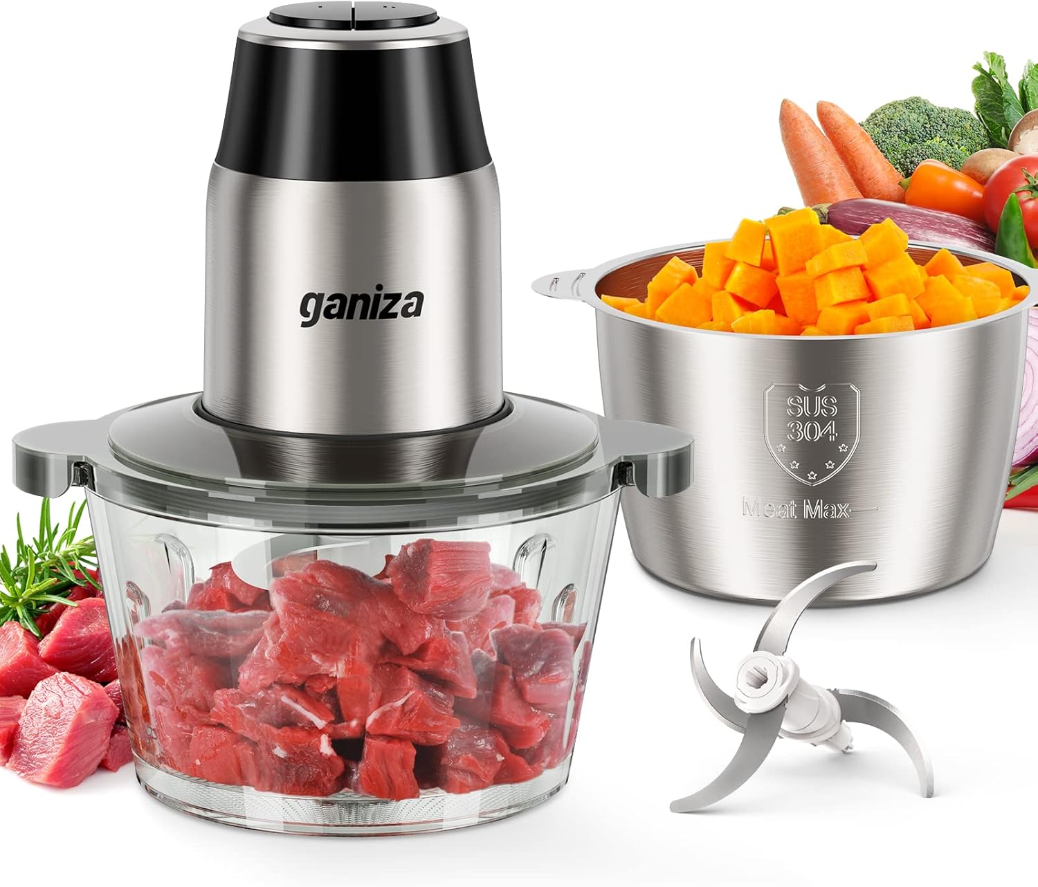 GANIZA Food Processors, Electric Food Chopper with Meat Grinder & Vegetable Chopper - 2 Bowls (8 Cup+8 Cup) with Powerful 450W Copper Motor