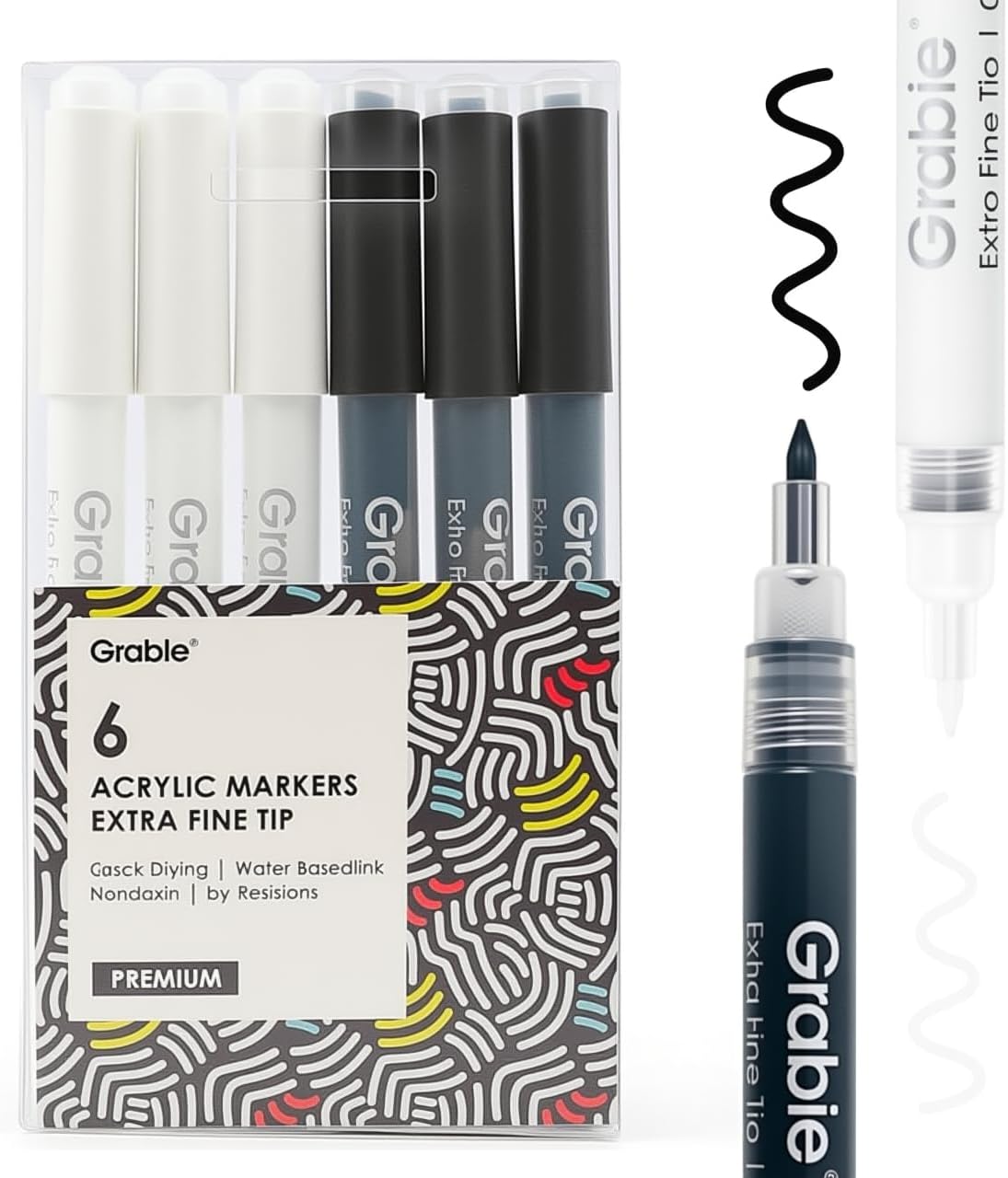 Grabie Black & White Extra Fine Tip Acrylic Paint Marker Set, 6 Pack, 0.7mm Acrylic Paint Pens for Highlights and Fine Details