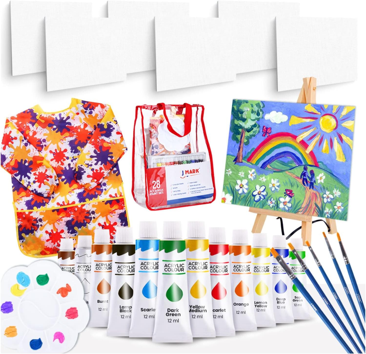 J MARK Ultimate Kids Paint Set – Complete Acrylic Paint Set for Kids, Includes Washable Paints, Storage Bag, Wood Easel, Canvas and More