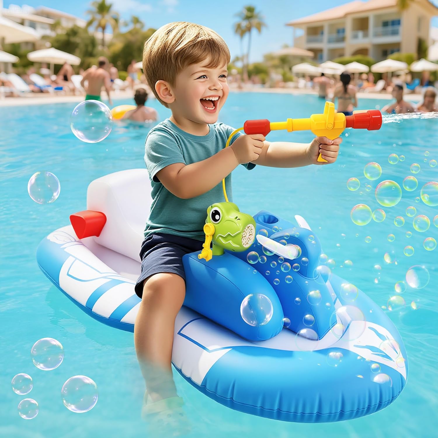 Jet Ski Shaped Pool Floats Toys Toddler Pool Floats with Water Gun&Bubble Gun Inflatable Boat