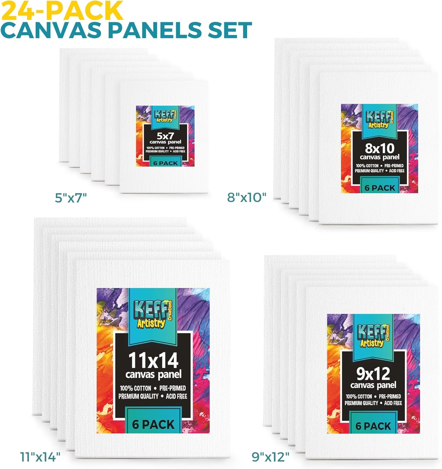 KEFF 24-Pack Canvas for Painting, 6 of 5x7, 8x10, 9x12,11x14 Painting Canvas Boards,