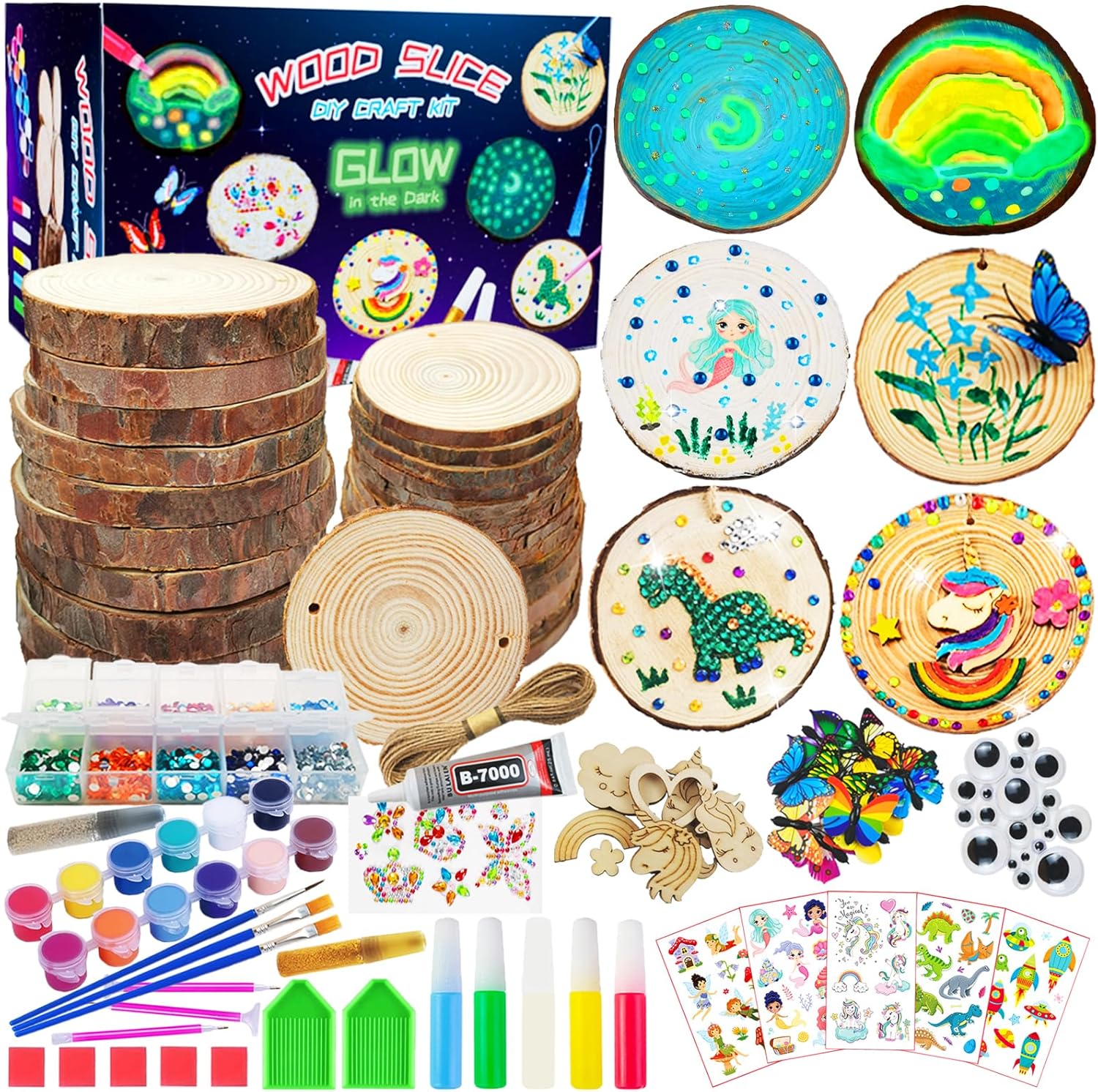 KIRKOTOY Wooden Crafts Kit for Kids-Glow in The Dark-Arts & Crafts Gifts for Boys Girls Age 6-12, 24 Wood Slices with Painting Craft Activities Kits,