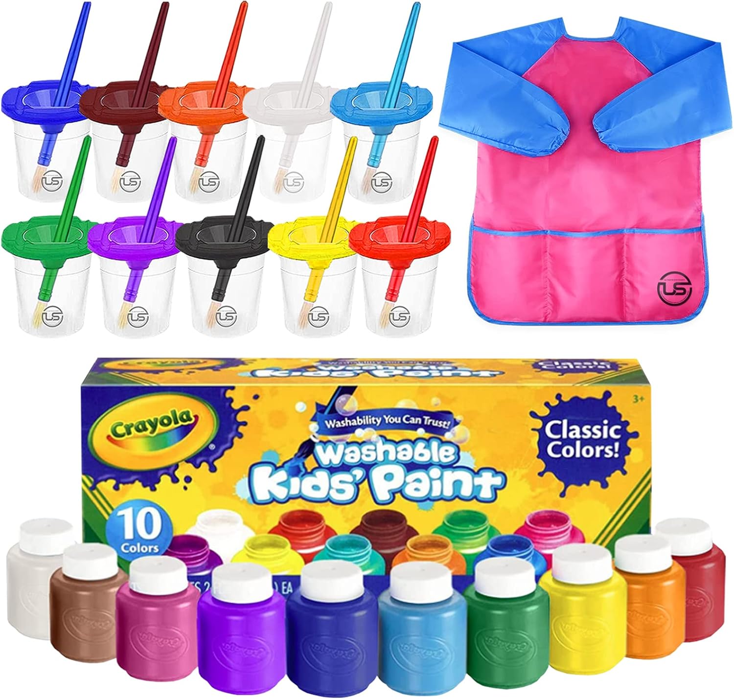 Kids Painting Set, Washable Paint for Kids with Paint Cups, Toddler Paintbrushes, Waterproof Kid Smock