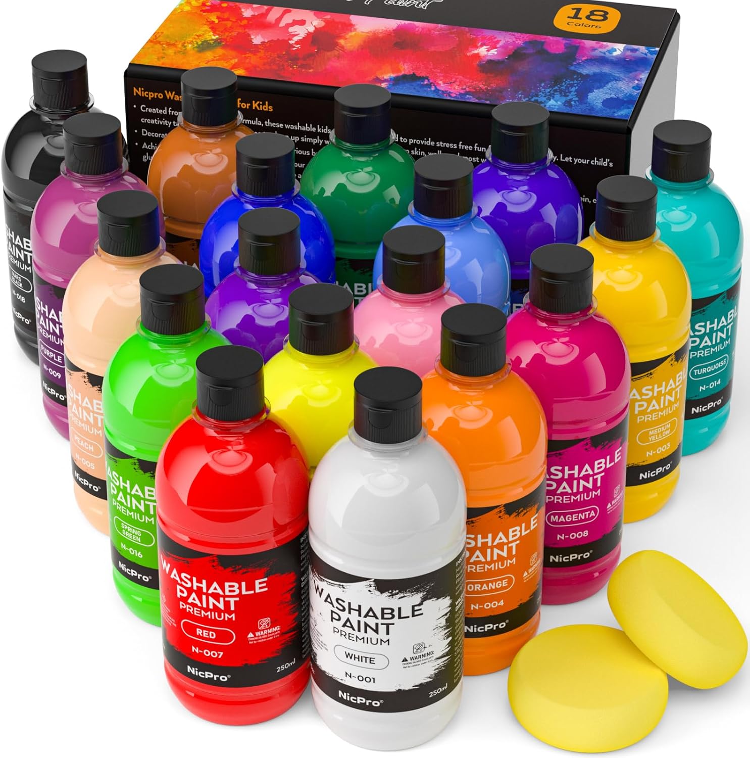 Nicpro 18 Colors Large Washable Paint Set for Kid (8.4oz,250 ml), Acrylic Bulk Paint Supplies Non Toxic Children