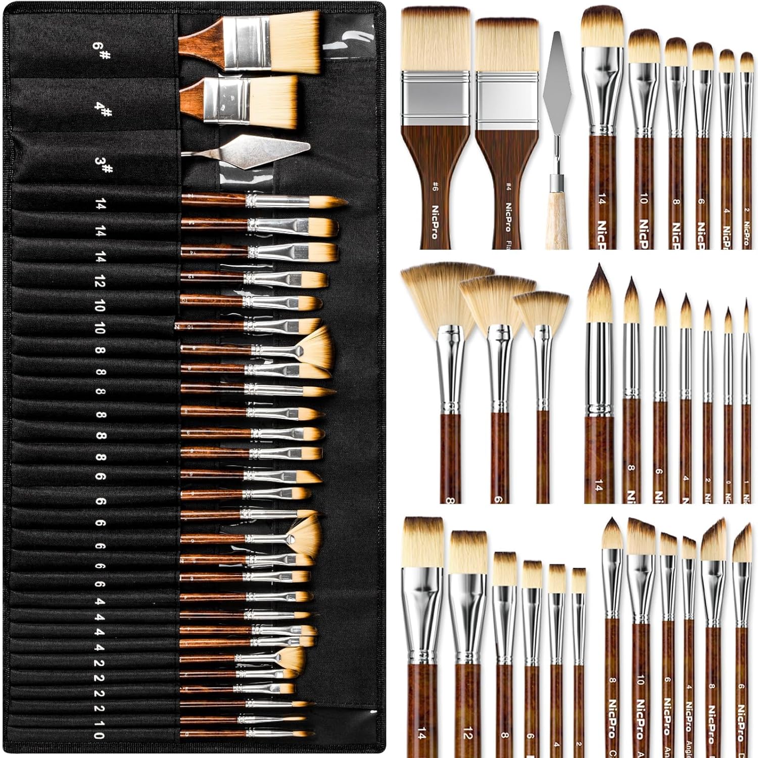 Nicpro 30pcs Paint Brush Set, Professional Paintbrushes with Paint Spatula and Cloth Roll, Craft Paint Brushes for Acrylic Painting, Oil, Watercolor, Gouache, Art Supplies