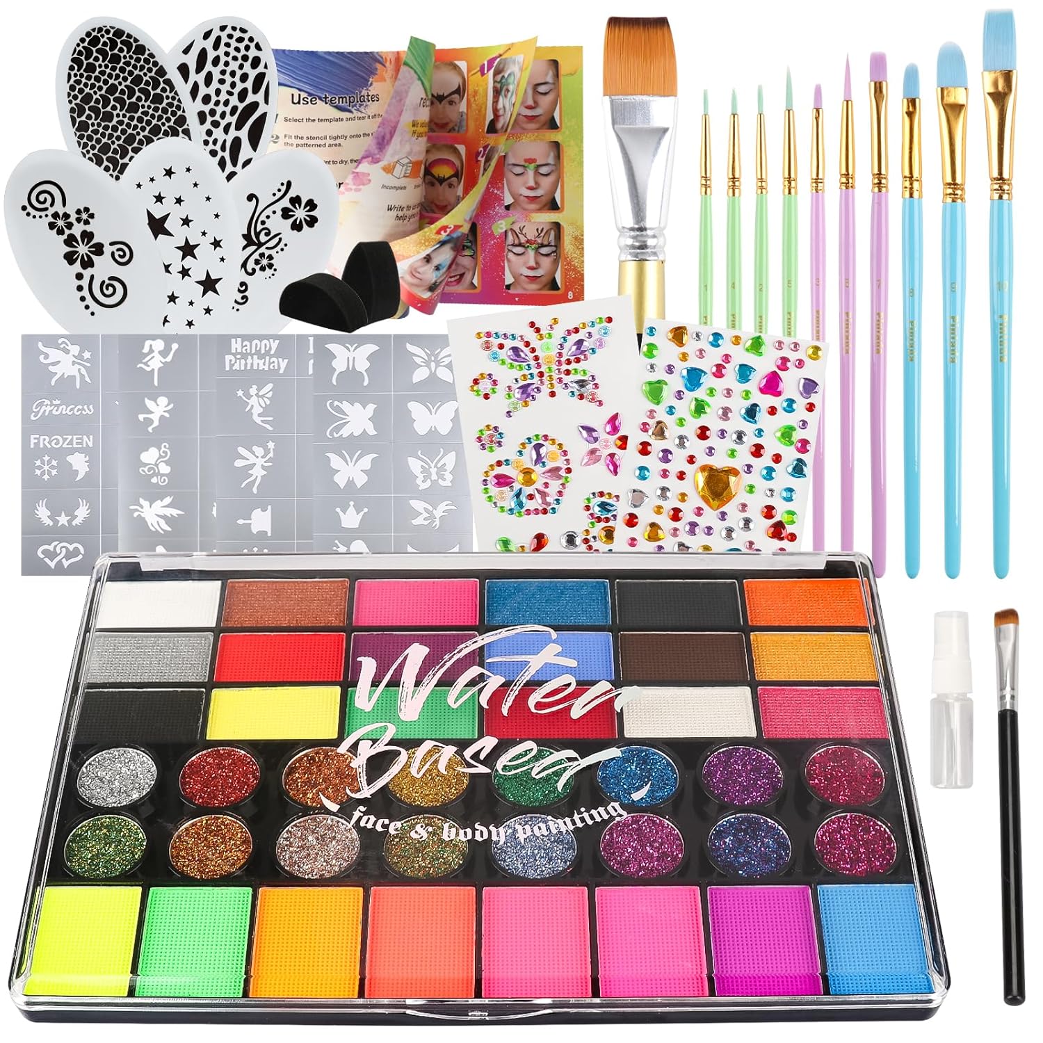 Pintada 42 Color Face Painting Kit for Kids - Non Toxic Water Activated Face Paint Palette With Stencils