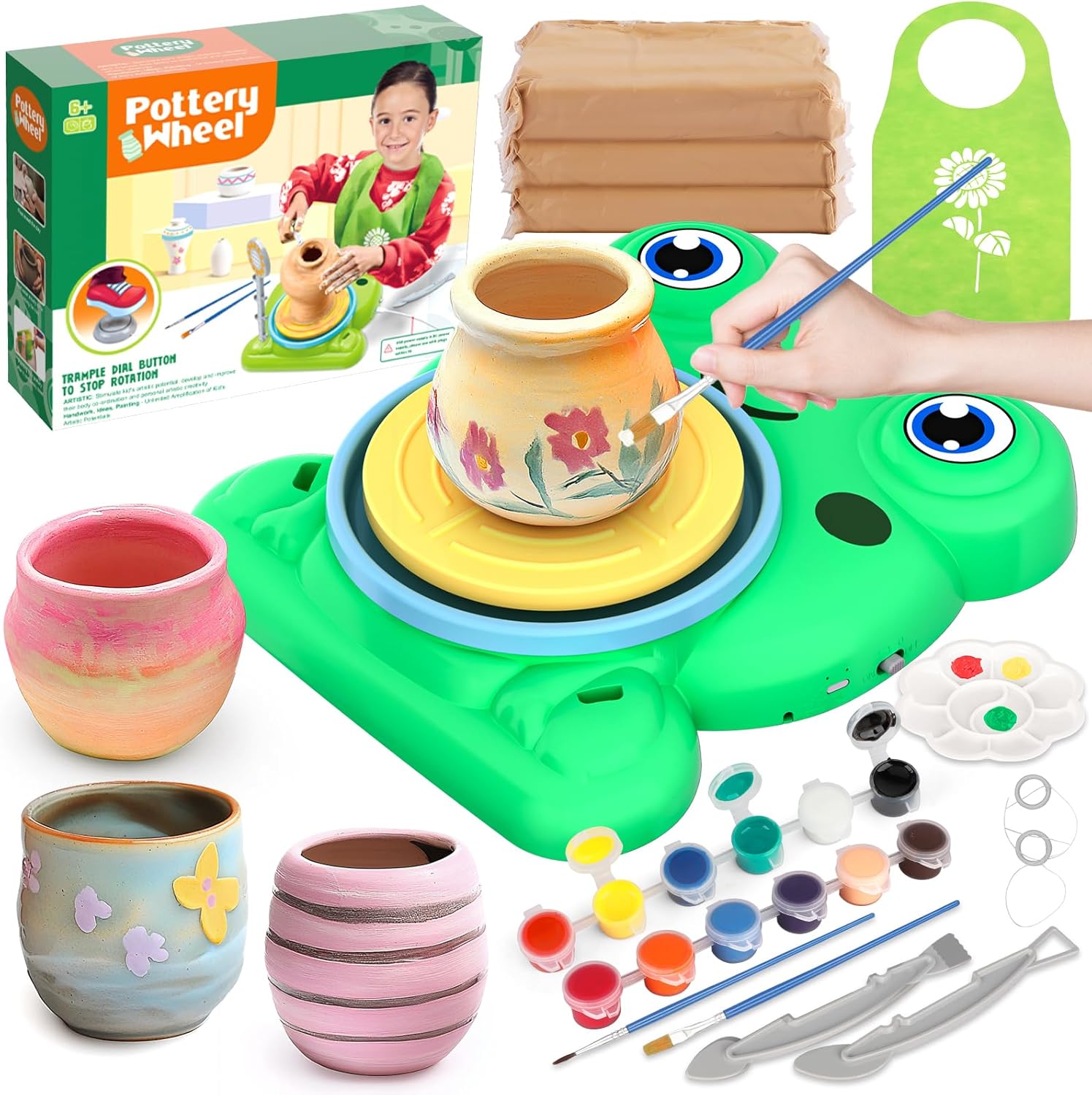 Pottery Wheel for Kids - Complete Pottery Painting Kit Arts and Crafts for Kids Ages 8-12 with 3 Pack Air Dry Clay Art Supplies Toys for Girls Boy Birthday Gift