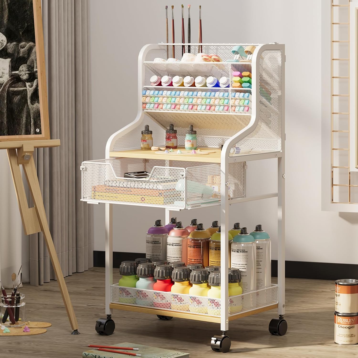 Rolling Craft Cart with Drawer, White Small Utility Art Cart, Metal Storage Cart with Lockable Wheels, 6 Tiers Paint Organizer for Art Supplies,