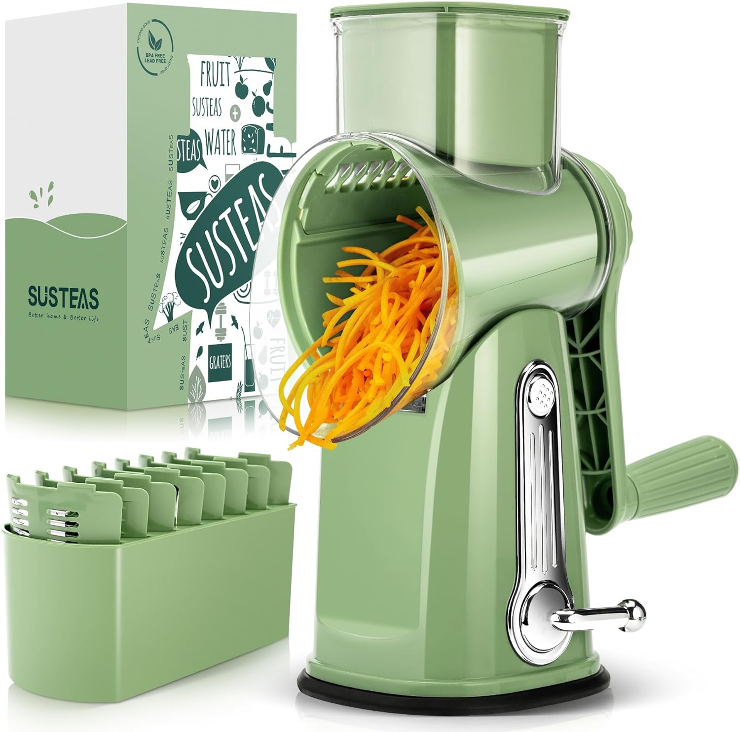 SUSTEAS Rotary Cheese Grater with Handle - Vegetable Shredder with 5 Well-designed Blades & Strong Suction Base,Round