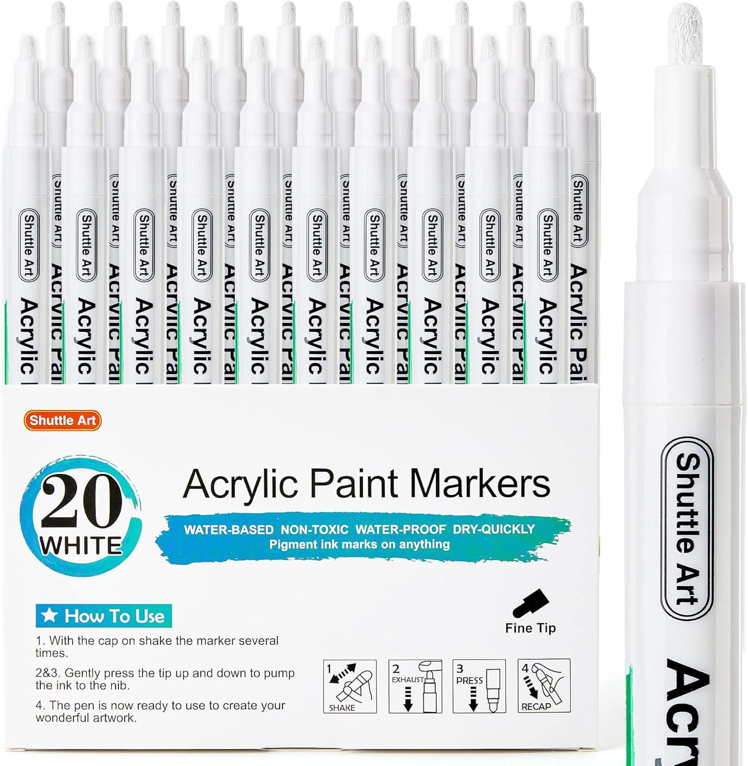 Shuttle Art White Paint Pens, 20 Pack Fine Tip Acrylic Pens, Water-Based Quick Dry Markers for Rock, Wood, Metal, Plastic, Glass, Canvas, Ceramic