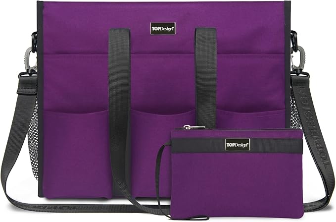TOPDesign Utility Water Resistant Tote Bag with 22 Pockets, Top Zipper Closure & Thick Bottom Support,