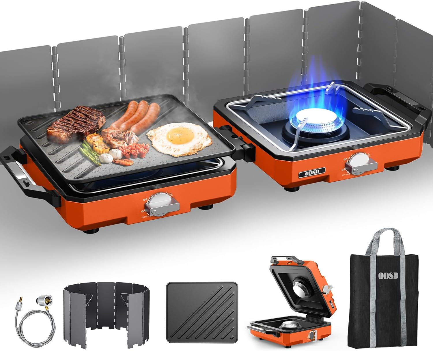 2 Burner Camping Stove with Windshield, 20000 BTU Propane Camp Stove, Portable Folding Gas Stove