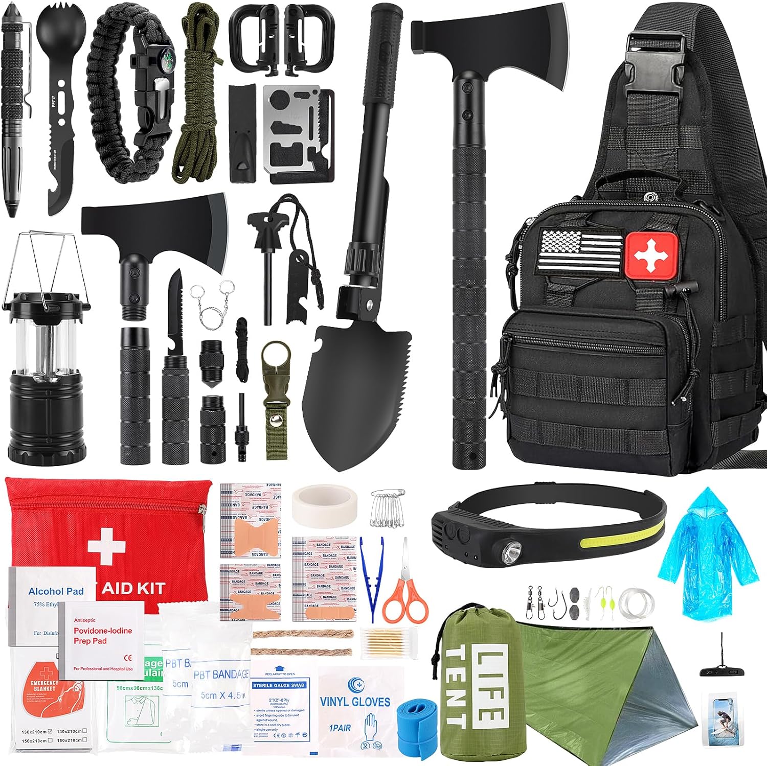810bPoI5wOL._AC_SL1500_Survival Kit, 268 Pcs Emergency Survival Gear and Equipment Supplies with First Aid Kit, Camping Axe, Headlamp, Tent,