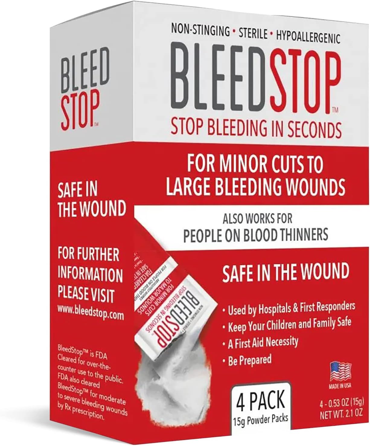 BleedStop™ First Aid Powder for Blood Clotting, Trauma Kit, Blood Thinner Patients, Camping Safety, and Survival Equipment