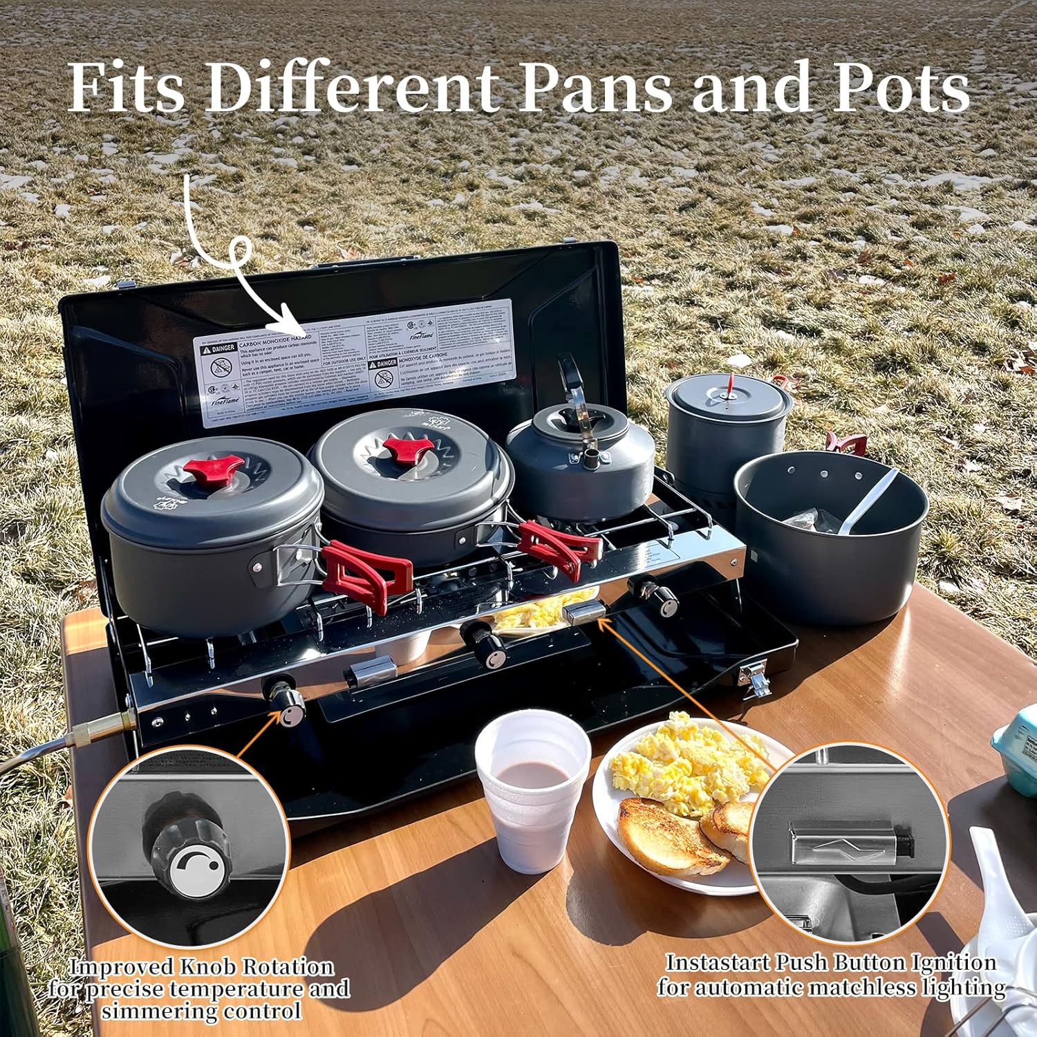 Camping Stove, 3 Burners Propane Portable Camp Stove with Regulator, Push-Button Instant Ignition, Adjustable Burners