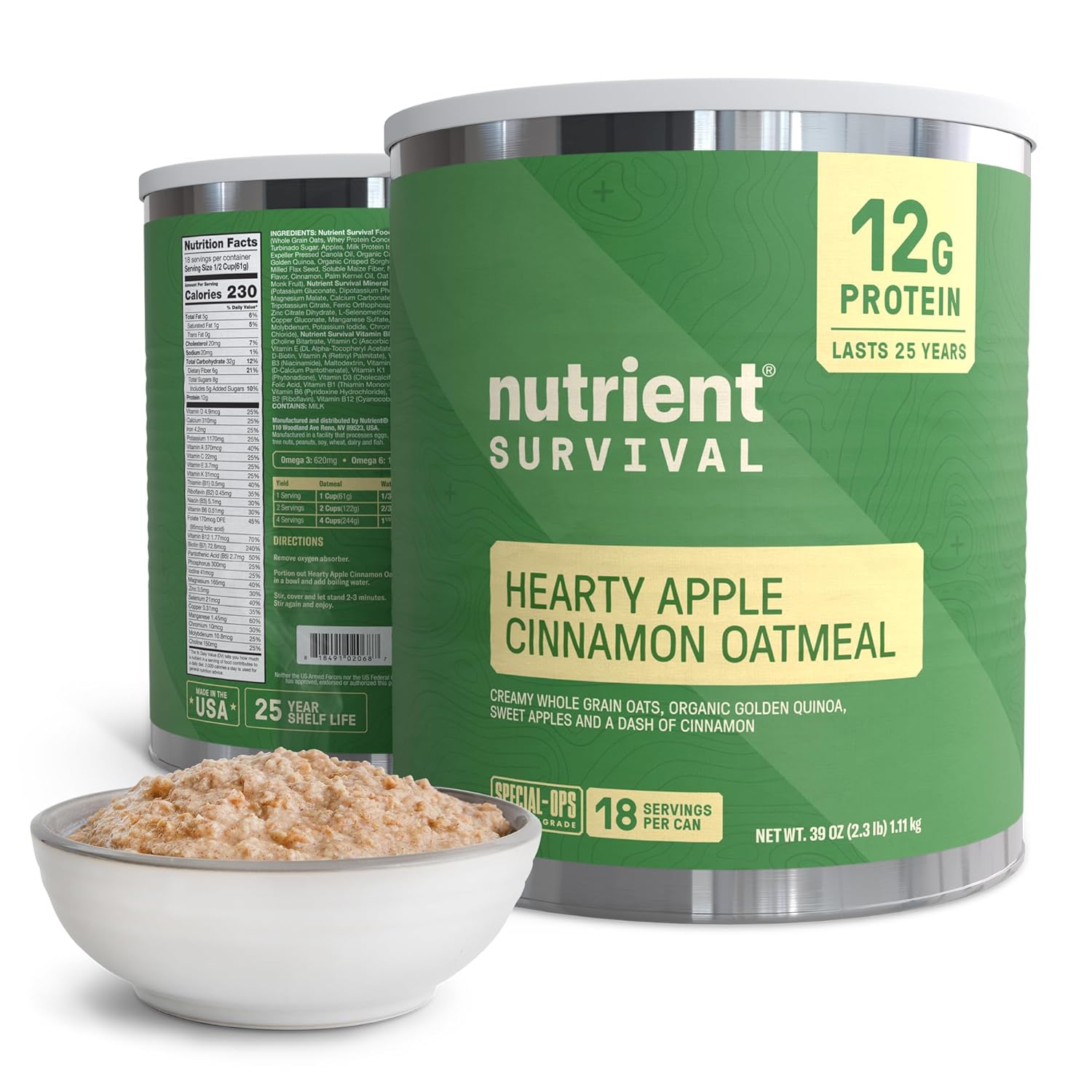 High Protein Oatmeal Instant, Hearty Apple Cinnamon, Freeze Dried Prepper Supplies & Emergency Food Supply