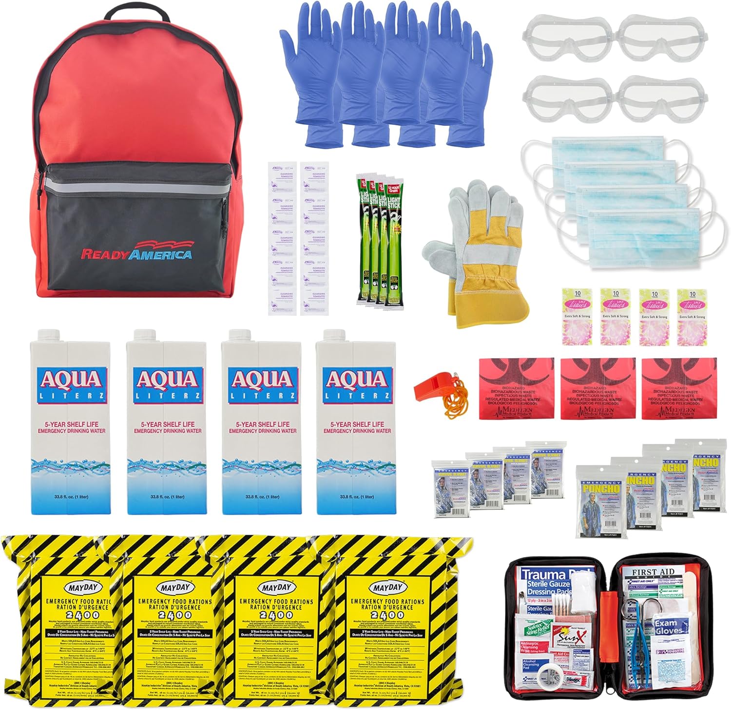 Ready America 70380 72 Hour Emergency Kit, 4-Person, 3-Day Backpack, Includes First Aid Kit, Survival Blanket, Emergency