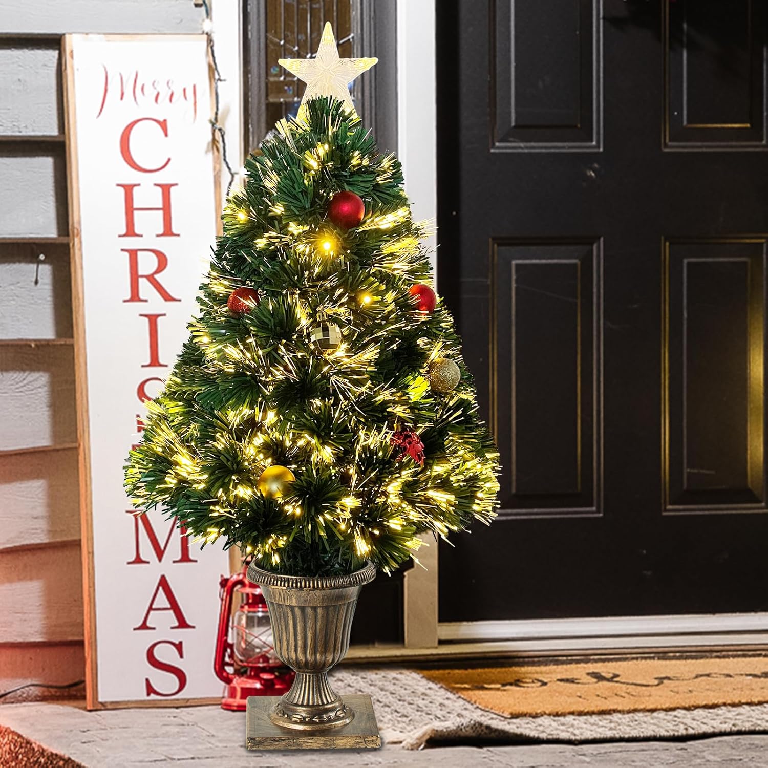 3Ft Pre-lit Optical Fiber Christmas Tree, Artificial Lighted Entrance Xmas Tree with Tree Topper Star and Hanging Ornaments