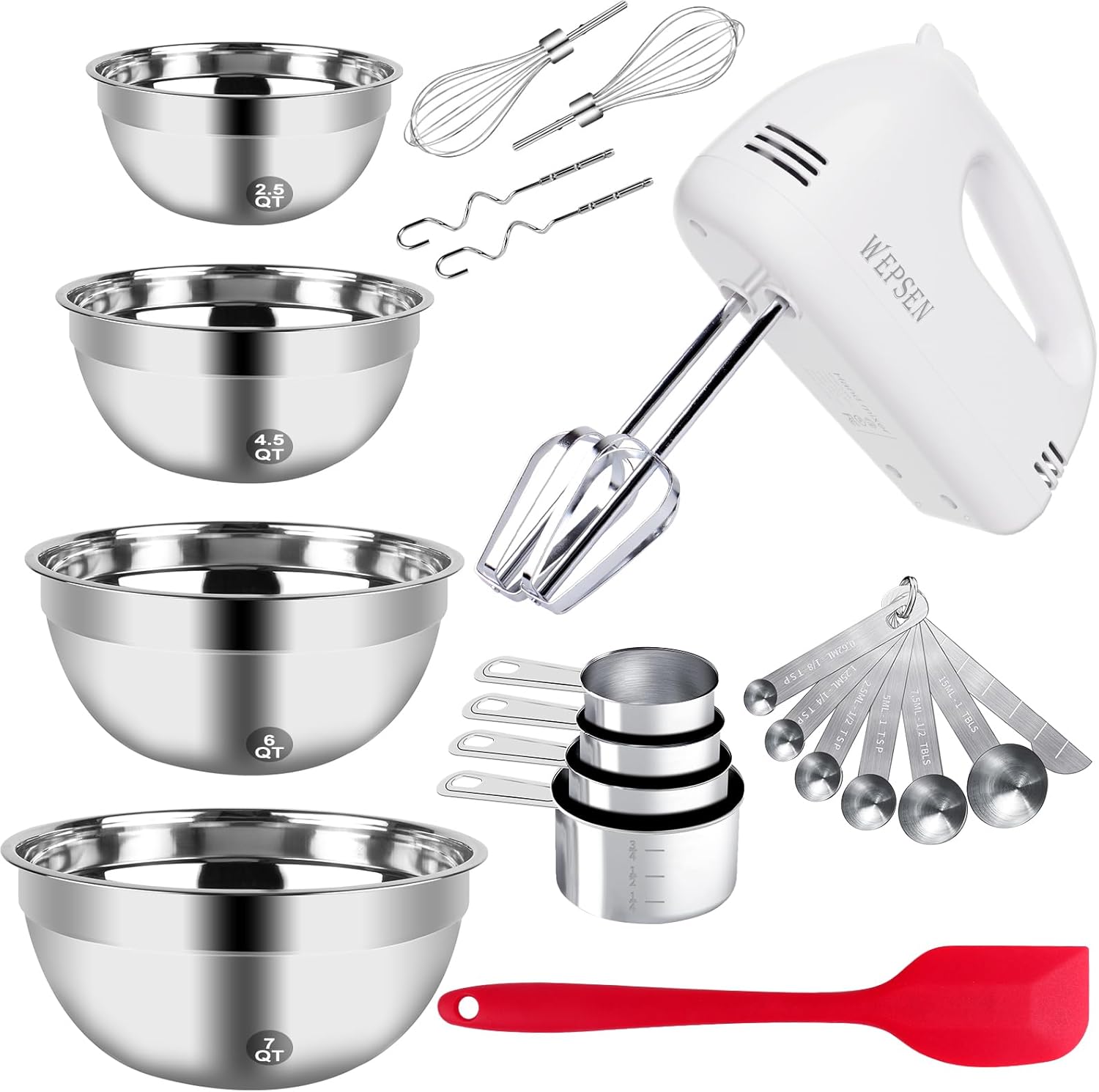 5-Speed Electric Hand Mixer, 4 Large Mixing Bowls Set, Handheld Mixers with Whisks Beater