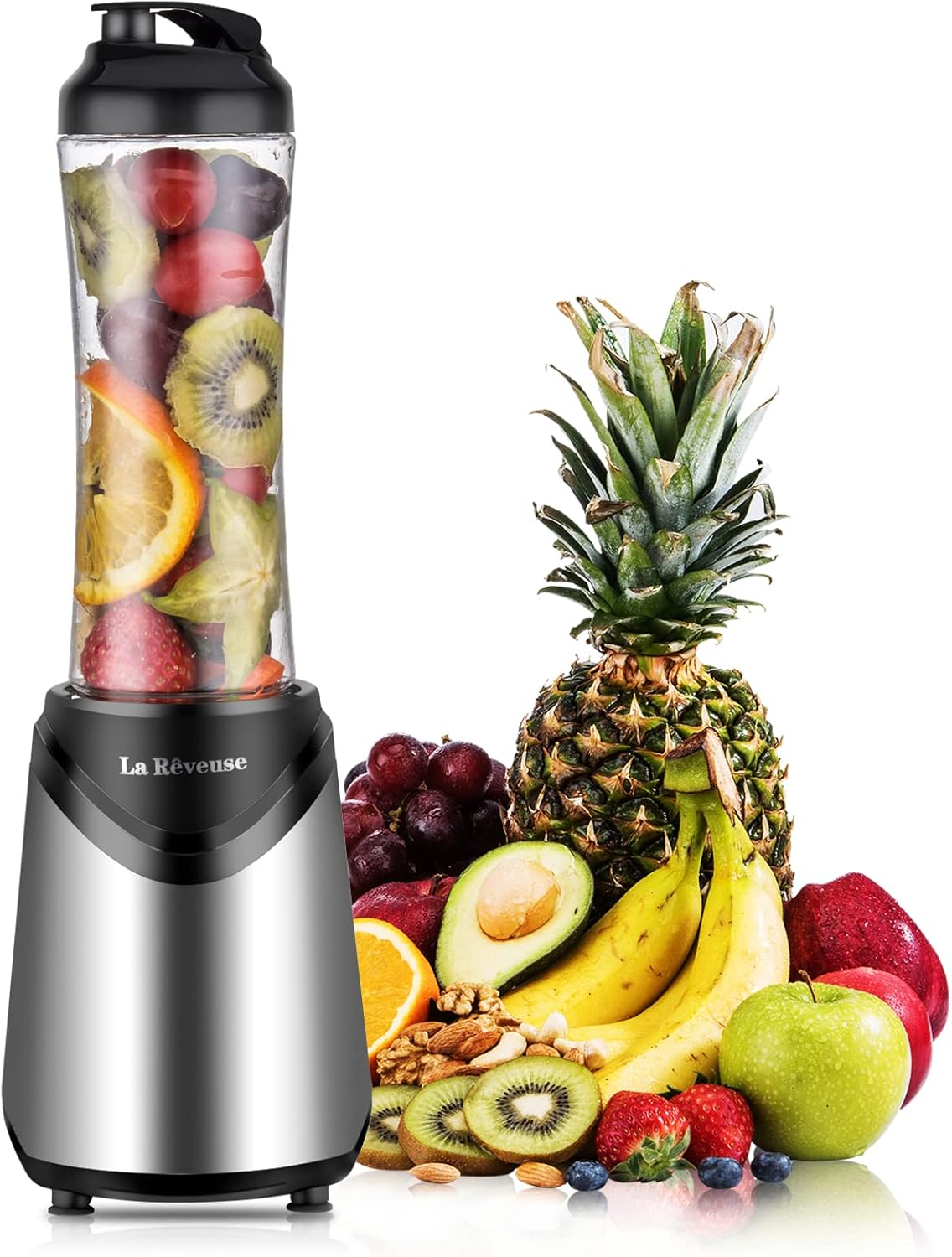 7153EvuLJCL._AC_SL1500_Smoothies Blender Personal Size 300 Watts with 18 oz BPA-Free Portable Travel Sports Bottle, Silver