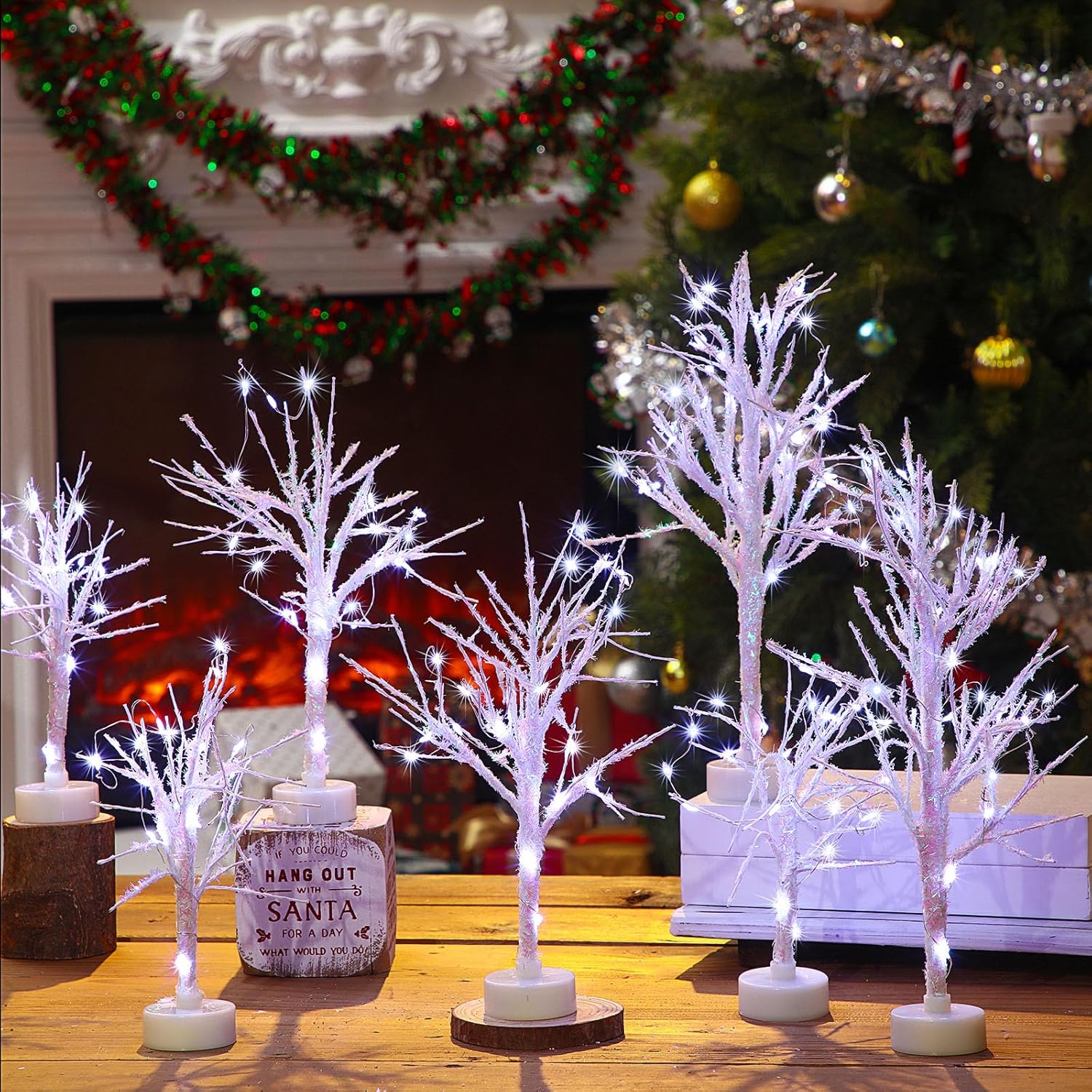 81N8O-aUiUL._AC_SL1500_Baquler 7 Pcs LED Christmas Trees White Birch for Table Decor Artificial Christmas Village with String Light Christmas Decorations