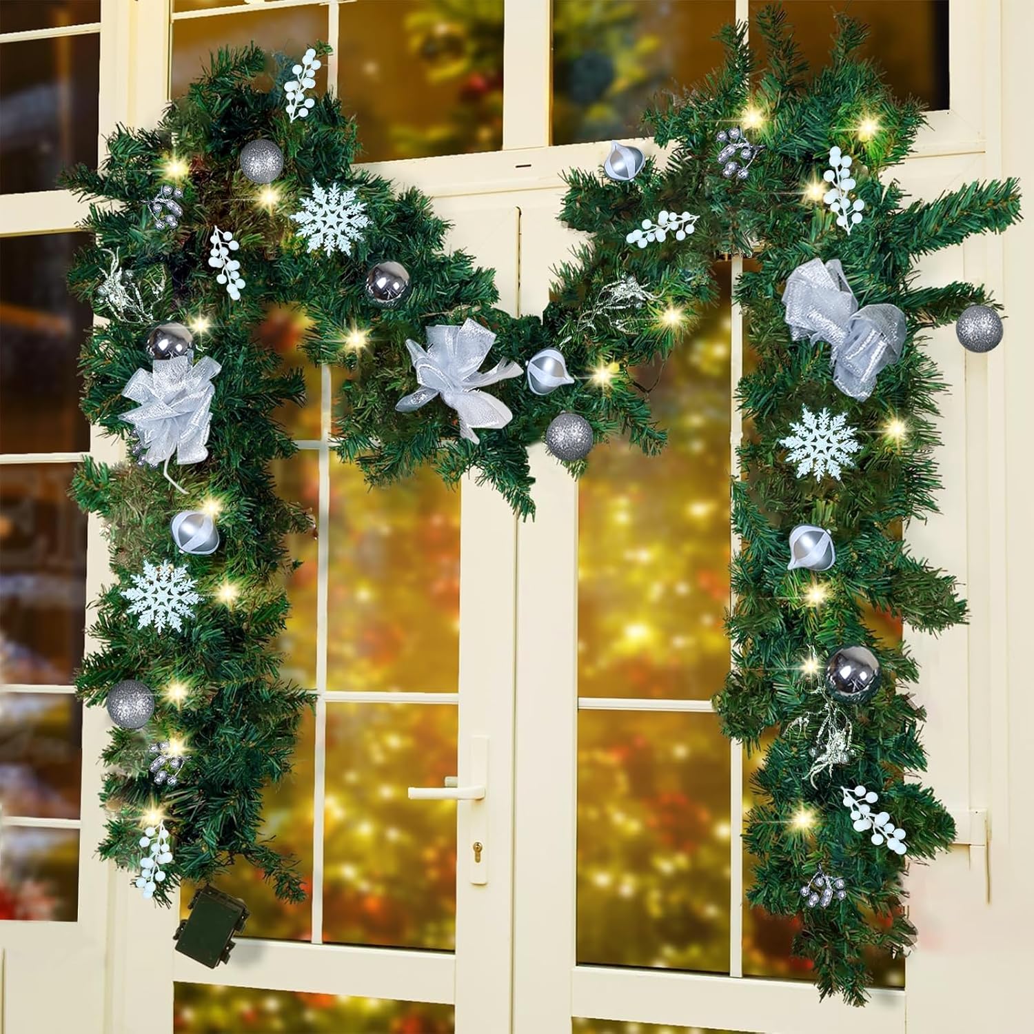 81aYZyW4mtL._AC_SL1500_LED Christmas Garland with Berries Bows Christmas Balls, Pre-Lit Artificial Garland with 50 Warm White LED Lights
