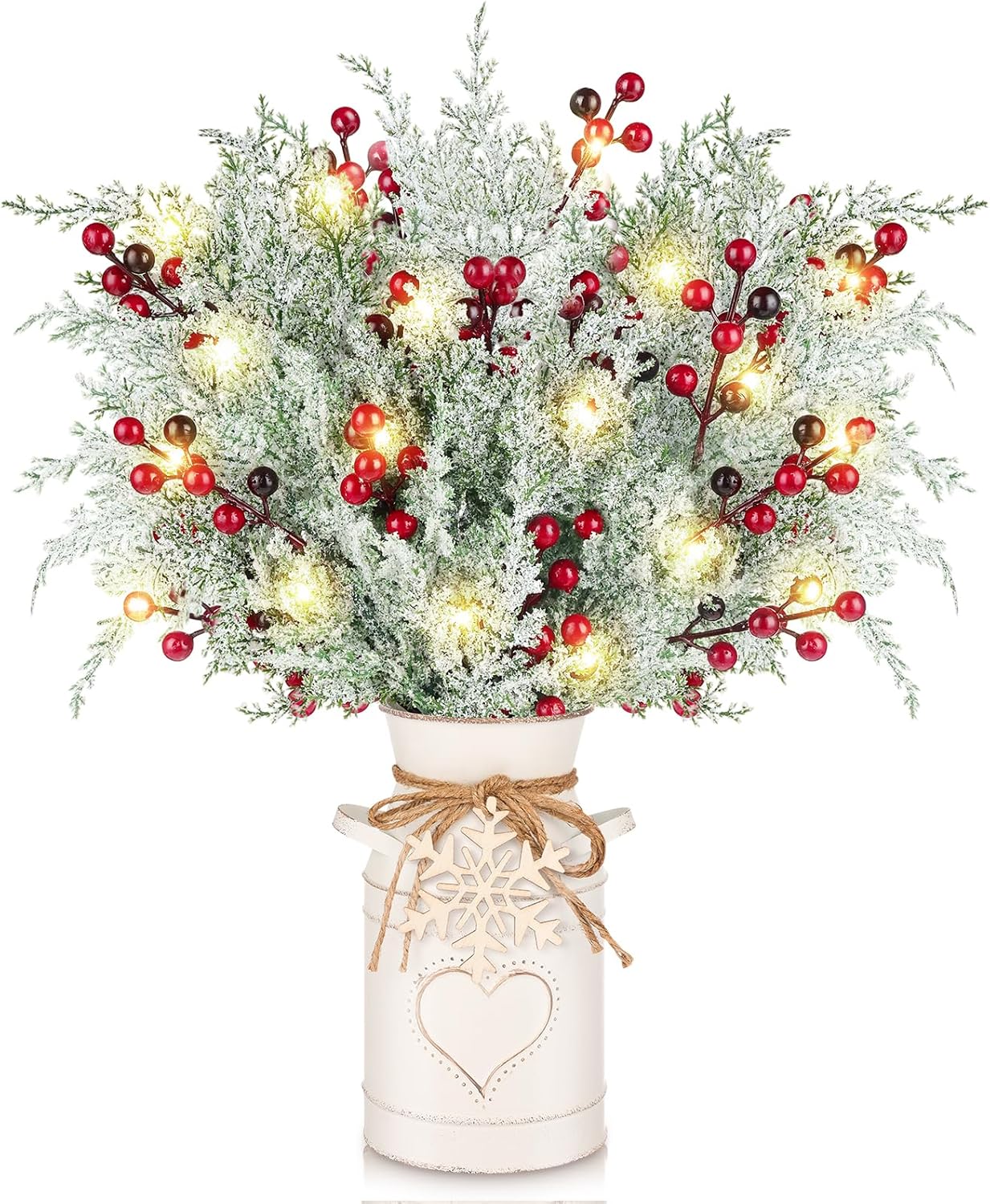 Artificial Pine Branches with Red Berry Stems,White Iron Vase, LED String Lights, Snowflake Wood Chips and Hemp Rope for Xmas Winter DIY Decor