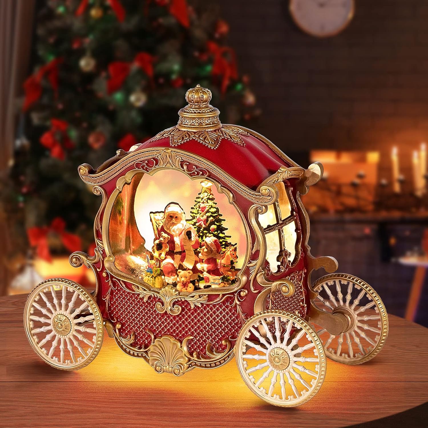 Christmas Snow Globes,Christmas Carriage Snow Globe with 8 Music & Timer, Battery Or USB Cable Powered