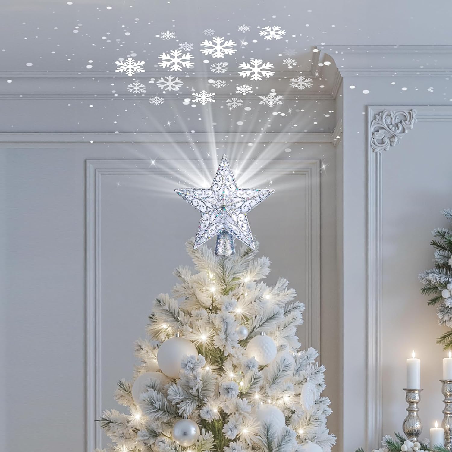 Christmas Star Tree Topper with Built-in 3D Glitter Led Snowflake Projector Lights, Silver Hollowed Pentagram Tree Toppers