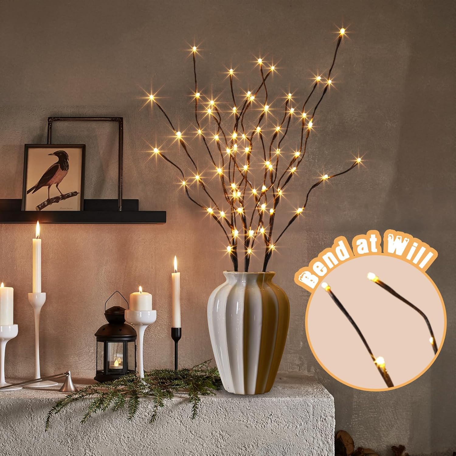 Lighted Brown Branches with Timer, 30Inch 3PK 60 LED Pathway Lights, Willow Branch Lights for Home Decorations