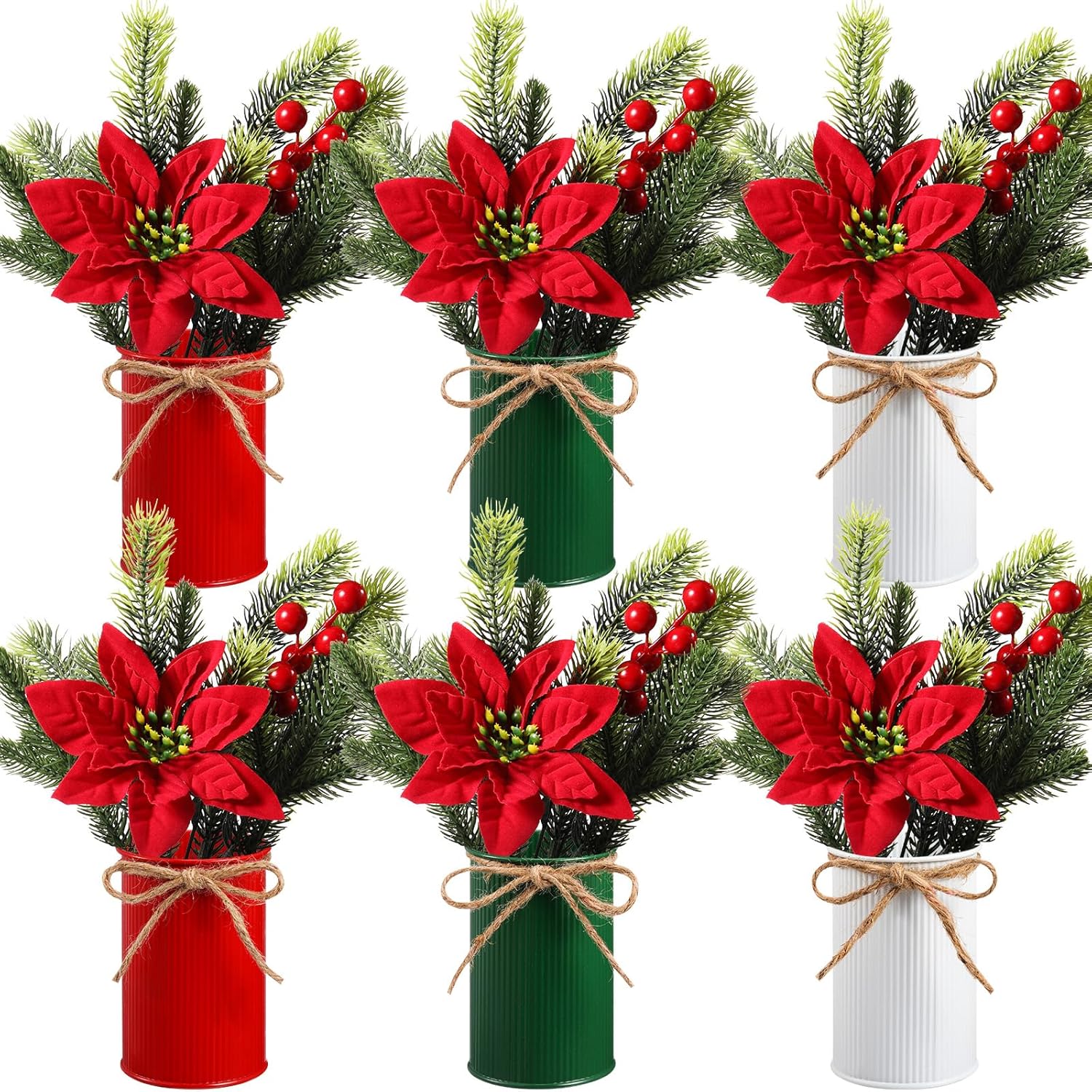 Tioncy 6 Sets Christmas Tabletop Centerpiece Artificial Poinsettias with Metal Vase Flower Picks Holly Red Berries Stem Pine Needles in Pots Faux