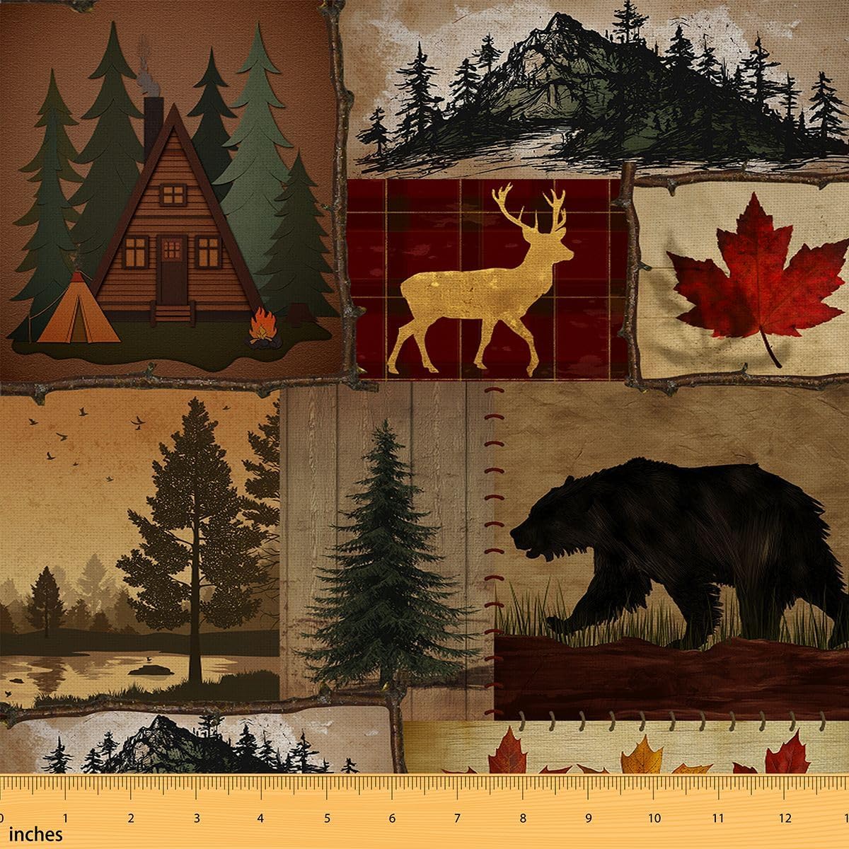 Woodland Deer Bear, Autumn Rustic Plants Maple Cabin Decorative