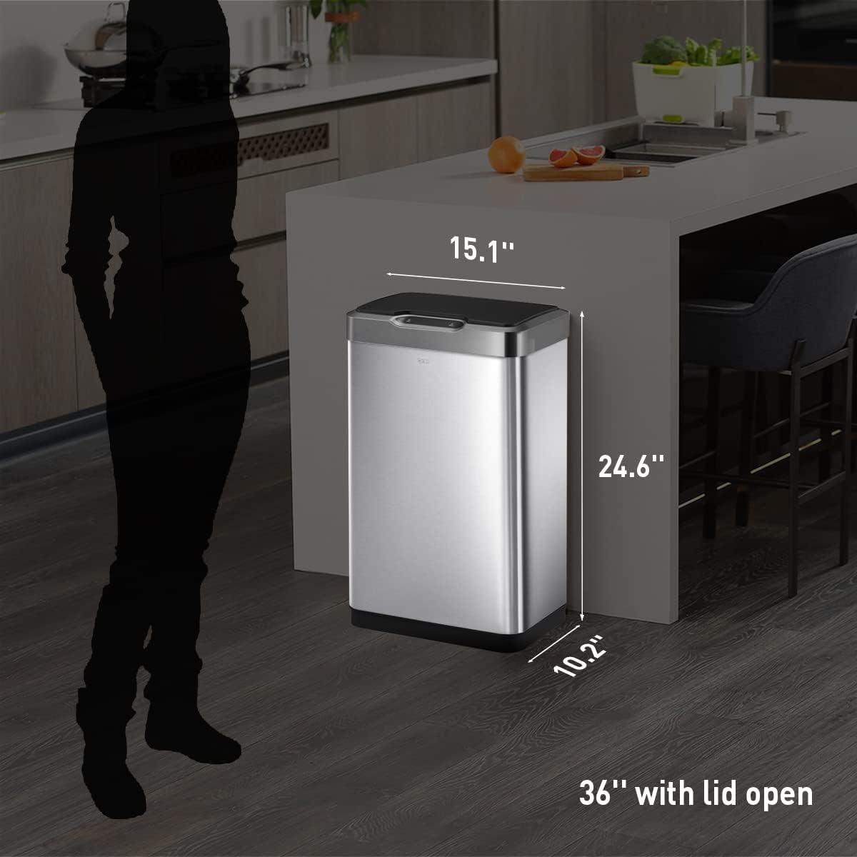 13.2 Gallon Touchless Rectangular Motion Sensor Trash Can, Brushed Stainless Steel Finish