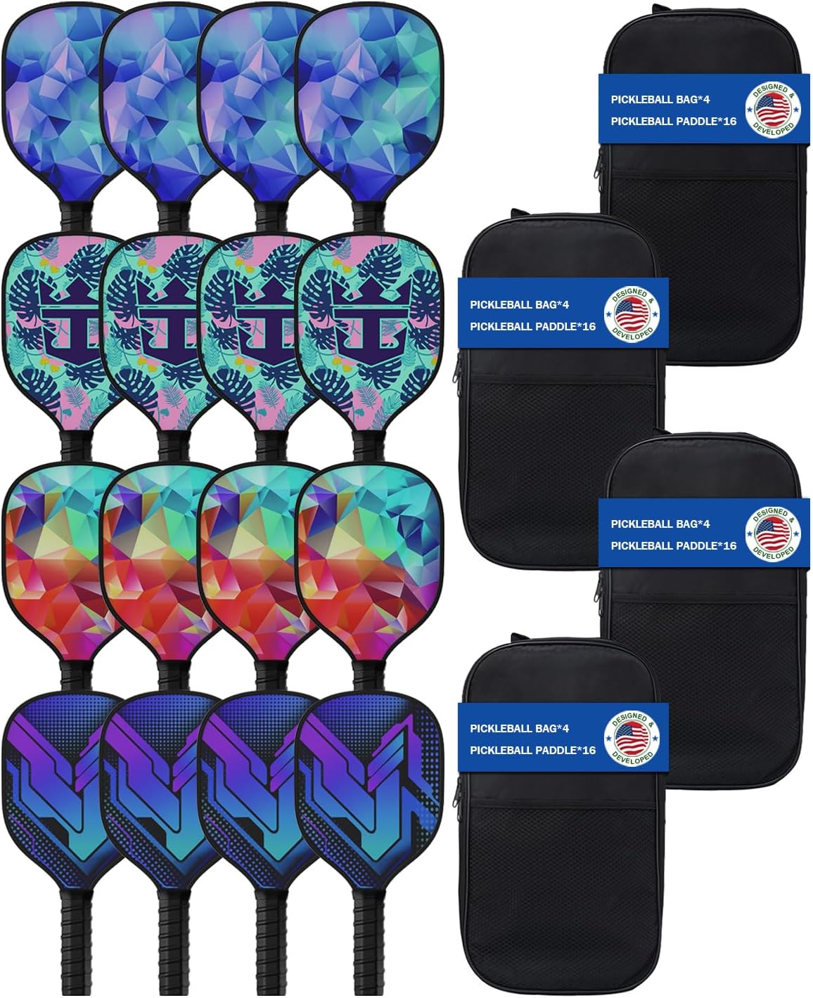 16 Premium Wood Rackets with 4 Portable Carry Bags, Lightweight Design & Ergonomic Grip