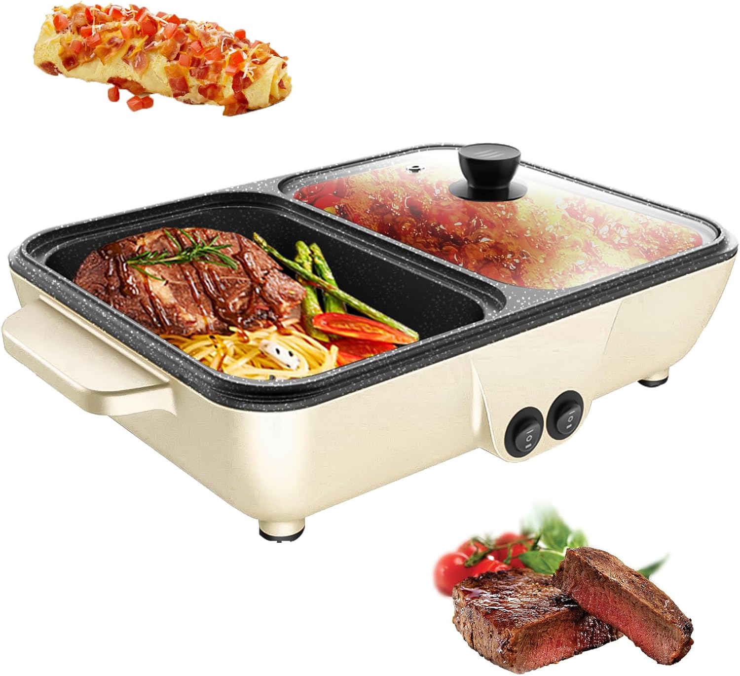 2-in-1 Electric Hot Pot and Grill Combo - Dual Temperature Control, Non-Stick, Fast Heating - 1200W Pink Indoor Cooking Appliance