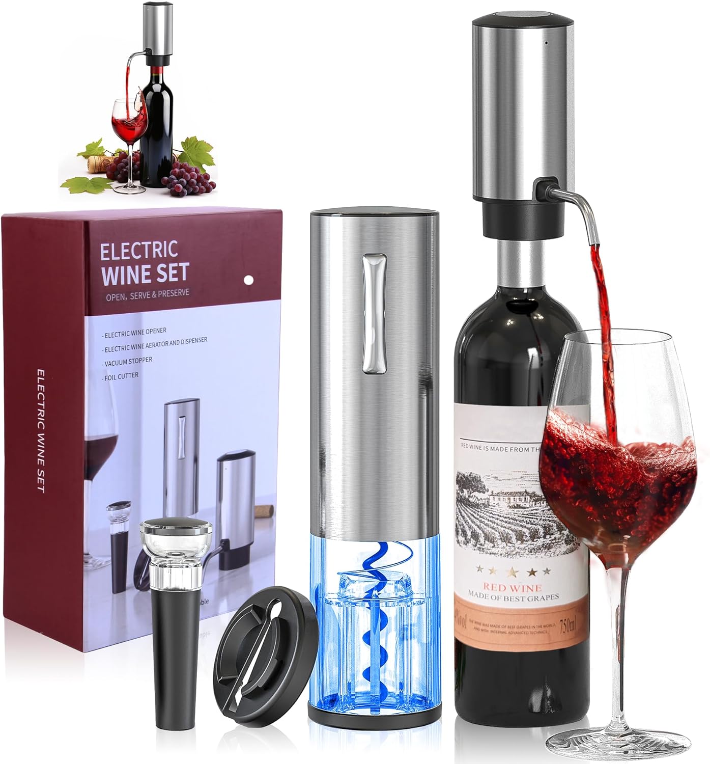 4-in-1 Rechargeable Electric Wine Opener Wine Aerator Gift Set with Electric Wine Decanter, Wine Stopper, Foil Cutter
